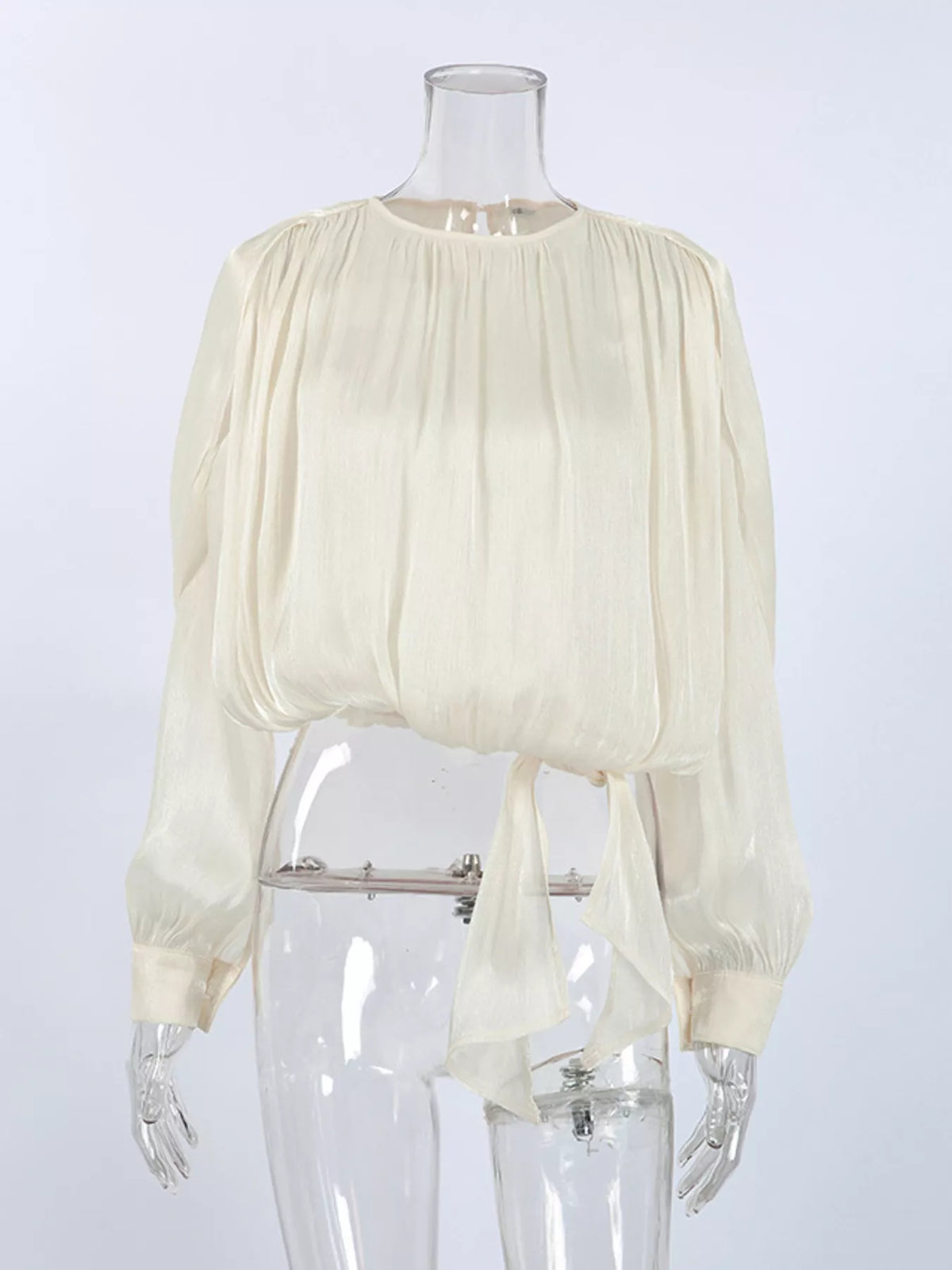 Tie-Front Detail Long Sleeve Blosue in Tan, view 7