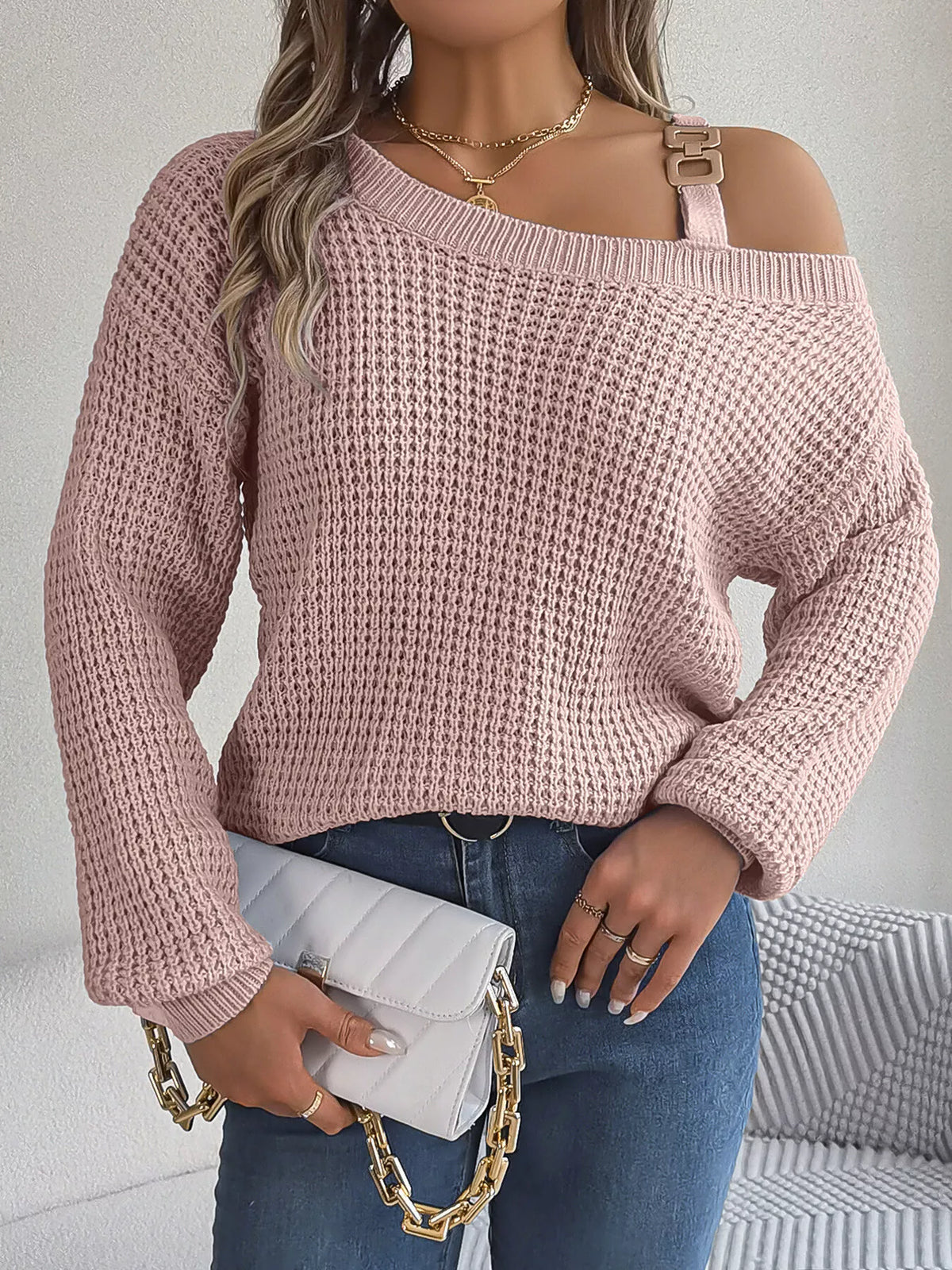 Asymmetrical Neck Long Sleeve Sweater - Lilixa.store