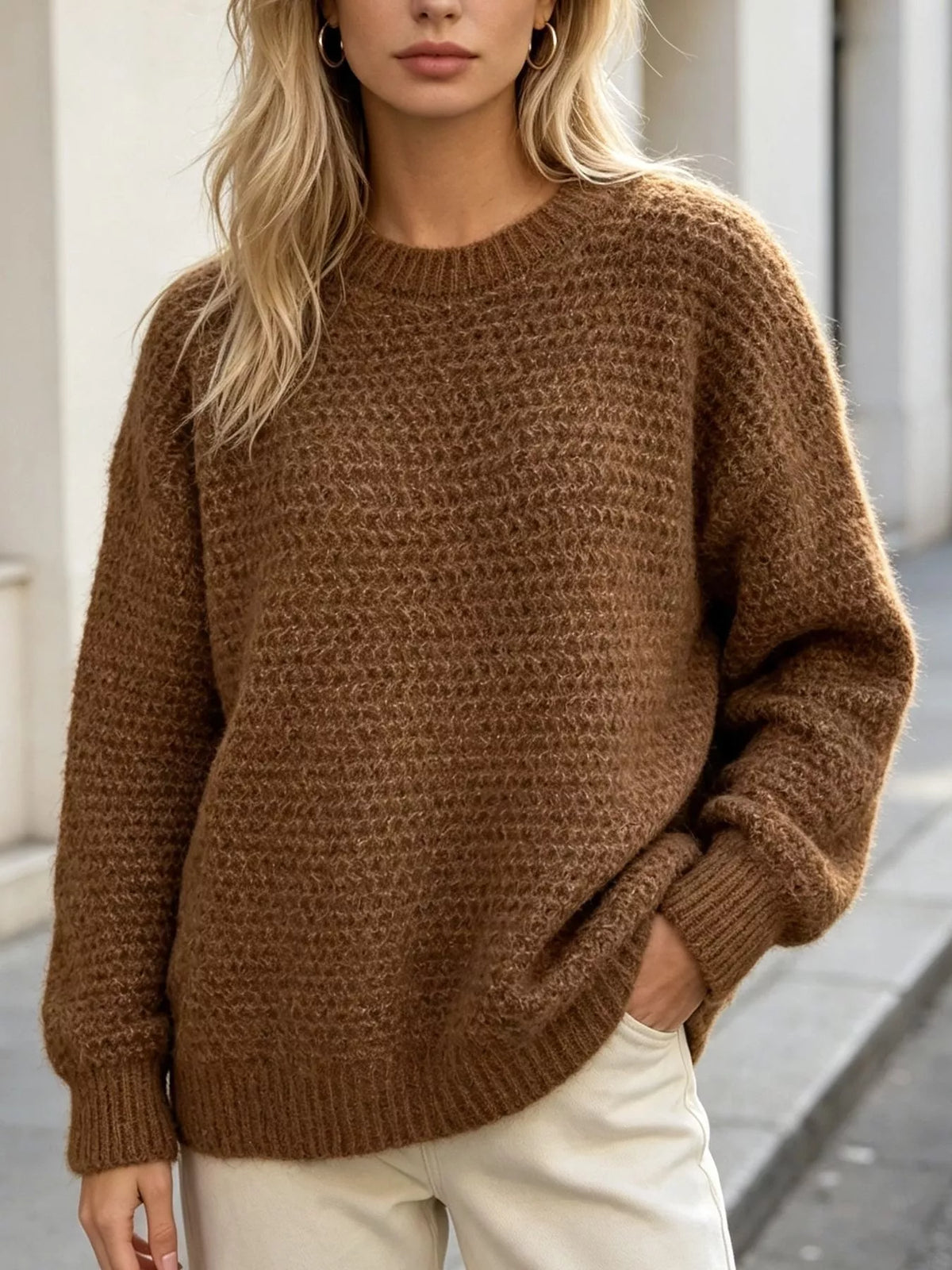 Round Neck Drop Shoulder Sweater in Light Brown Color