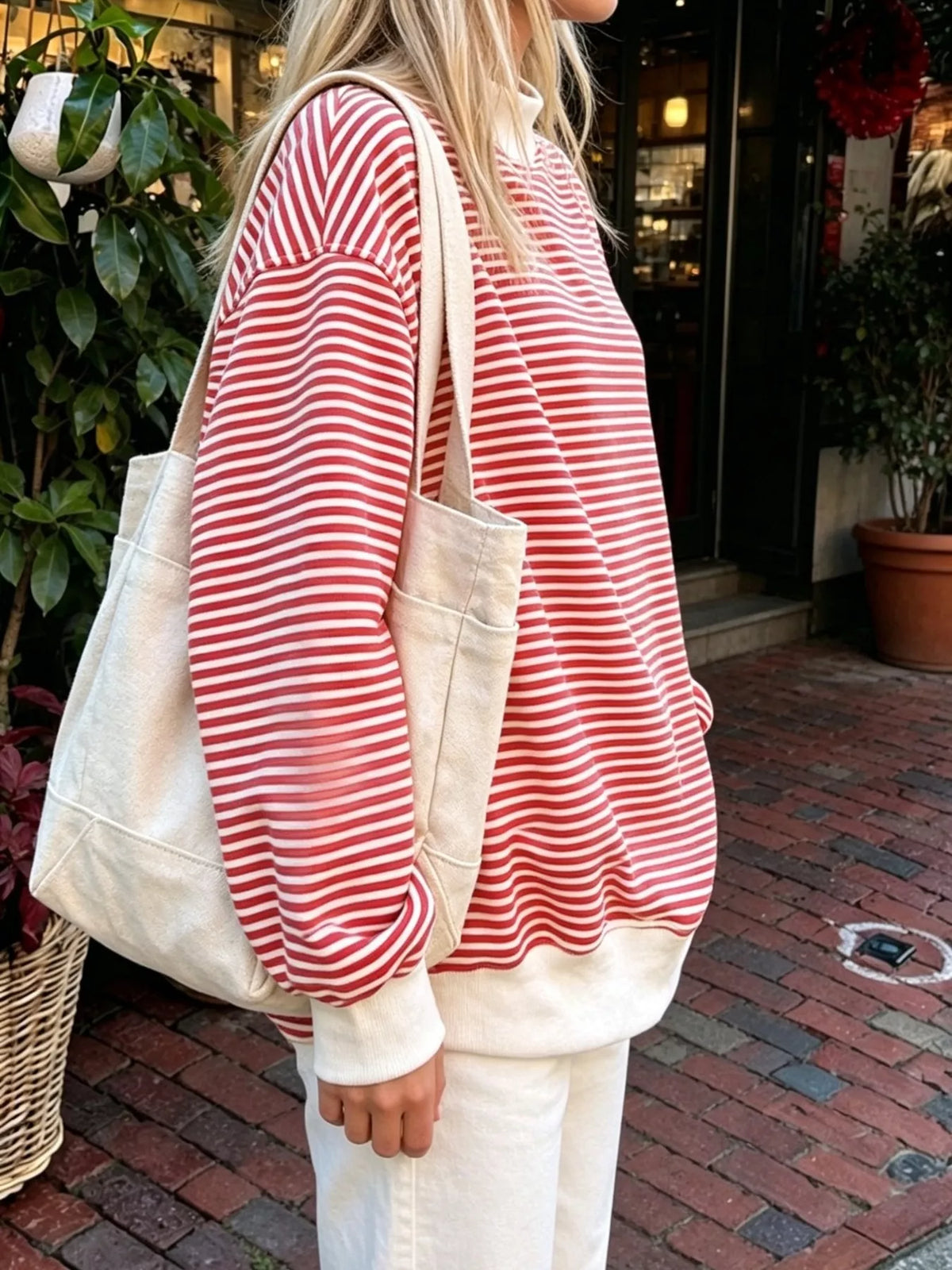 Oversized Striped Crew Neck Sweatshirt, view 7