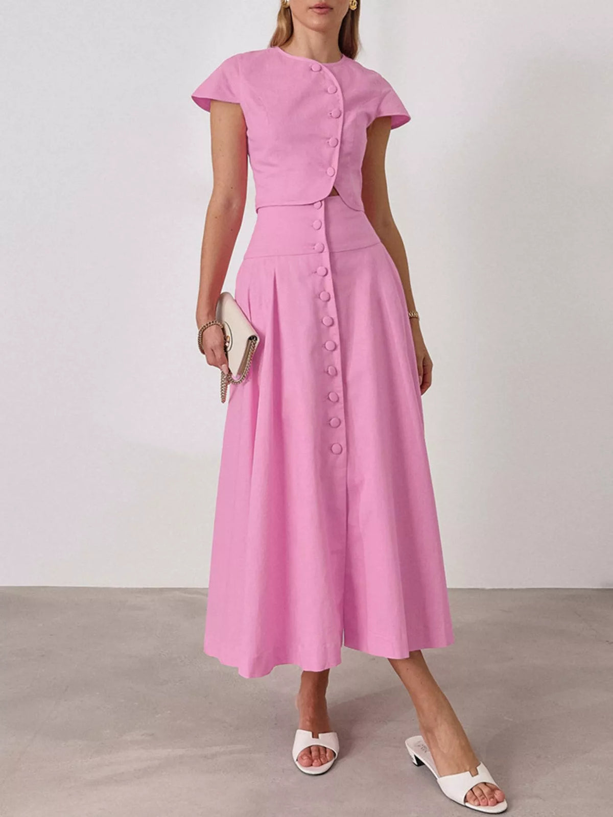 Cap Sleeve Button-Down Crop Top and Midi Skirt Set, view 2