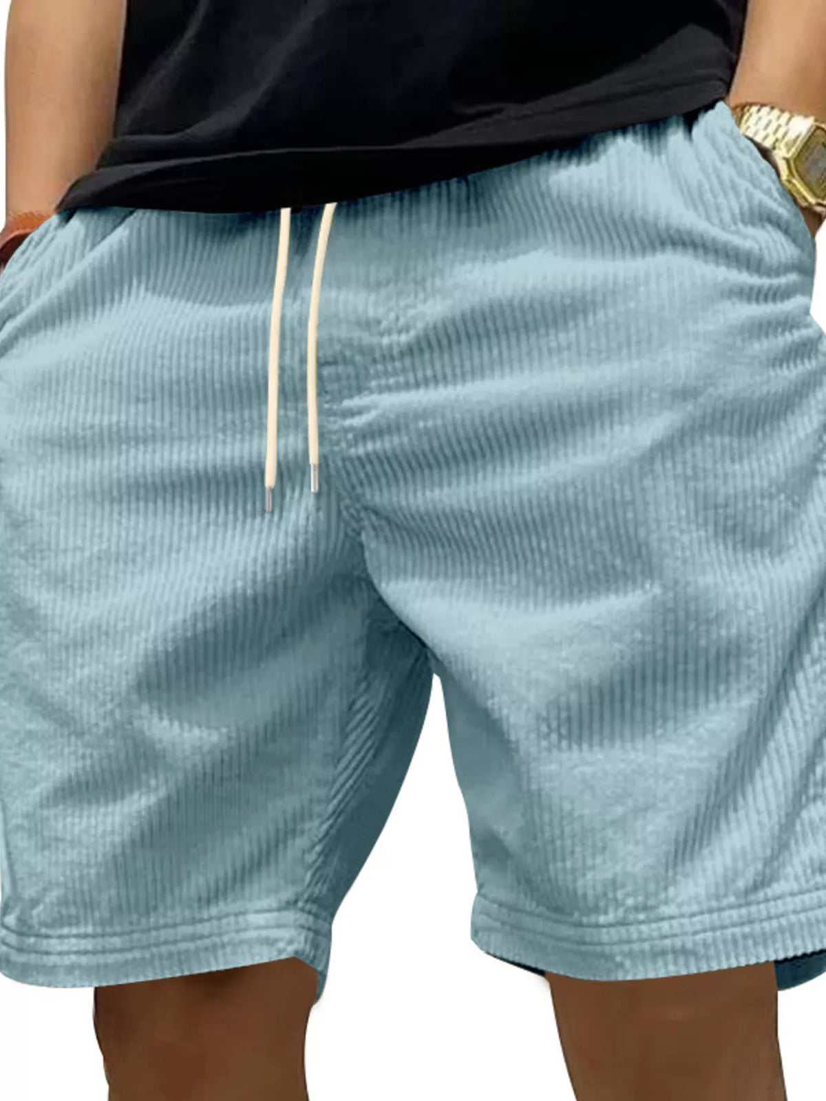 Men's Full Size Casual Corduroy Drawstring Shorts Plus Size in Light Blue