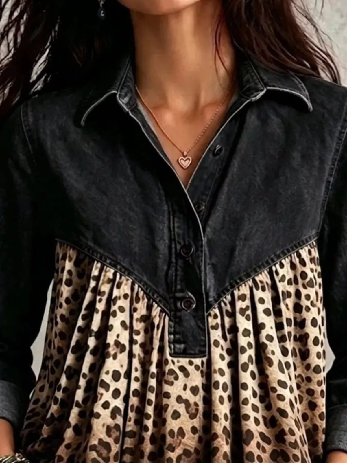 Full Size Leopard Button Detail Blouse Plus Size - Lilixa.store