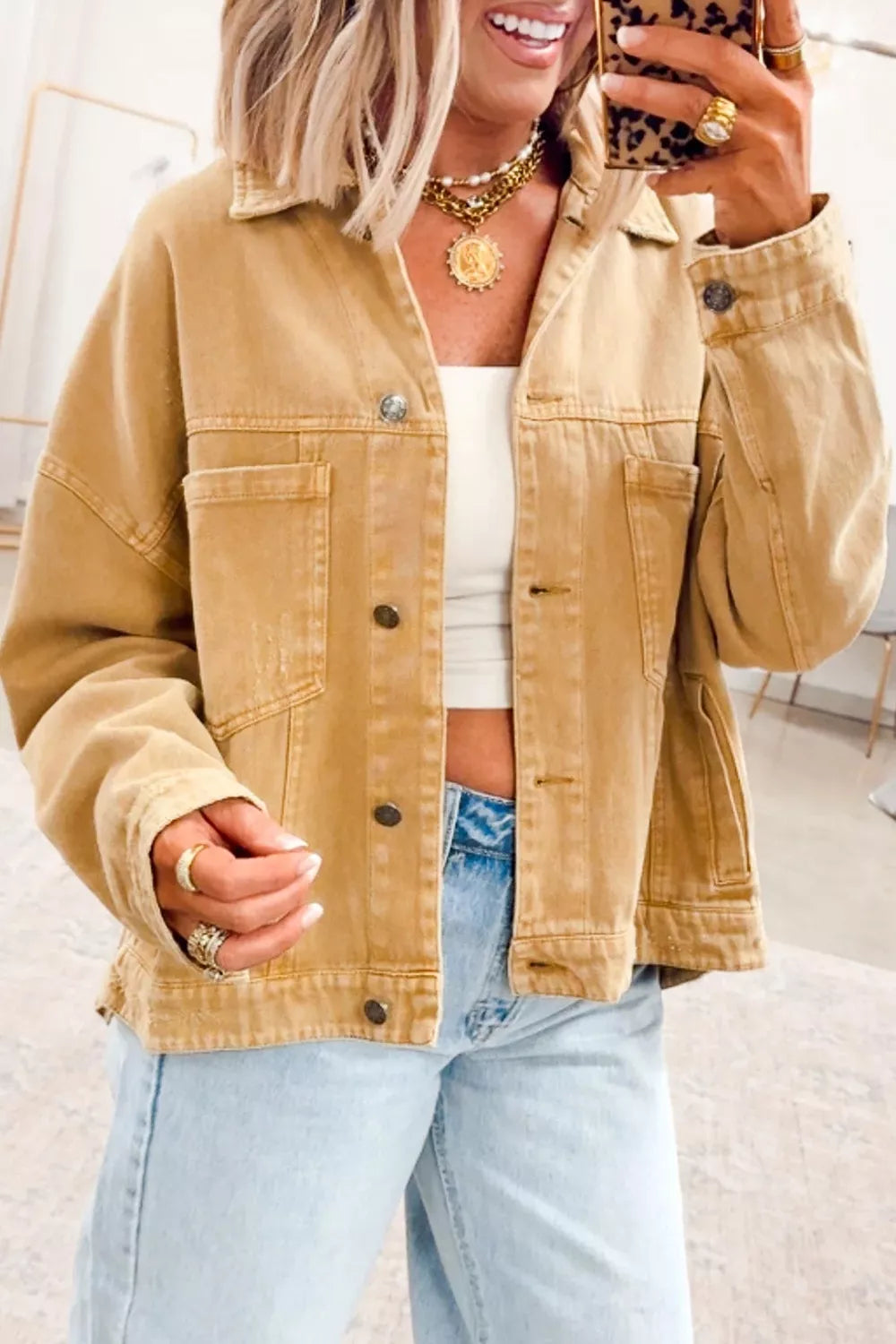 Metal Button Front Long Sleeve Collar Denim Jacket in Tan, view 3