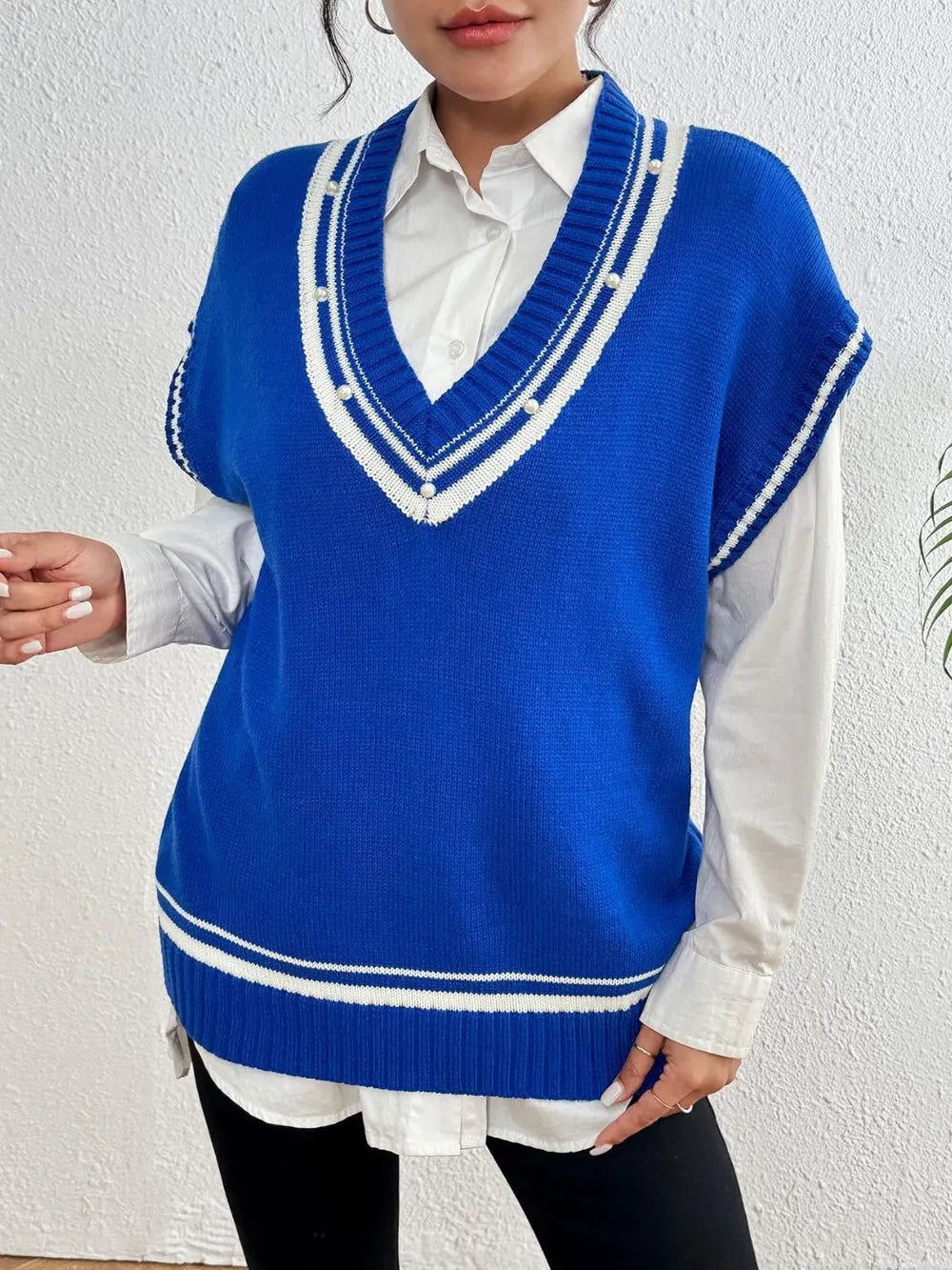 Pearl Trim Contrast V-Neck Sweater Vest, view 11