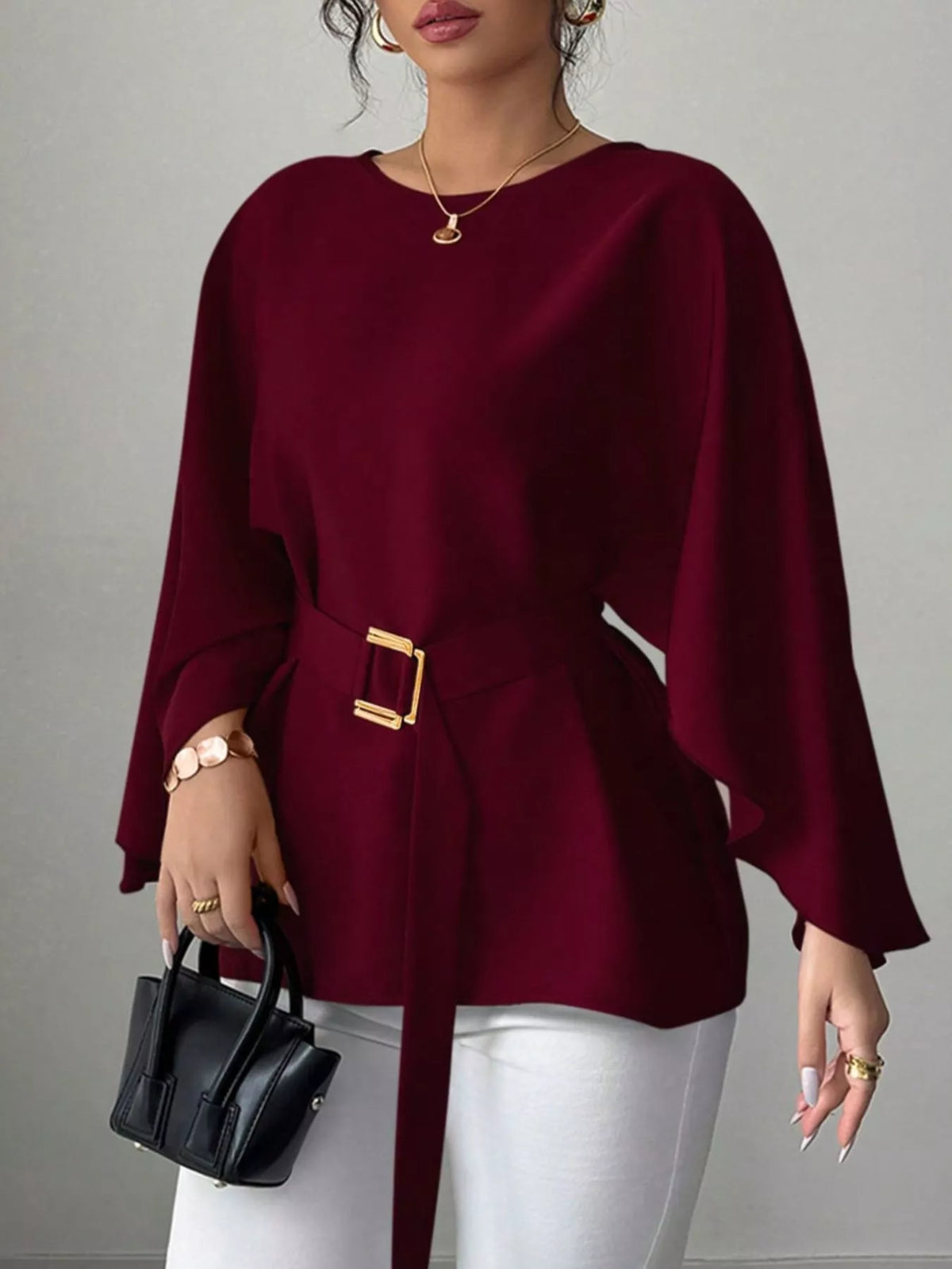 Round Neck Belt Batwing Sleeve Blouse - Lilixa.store
