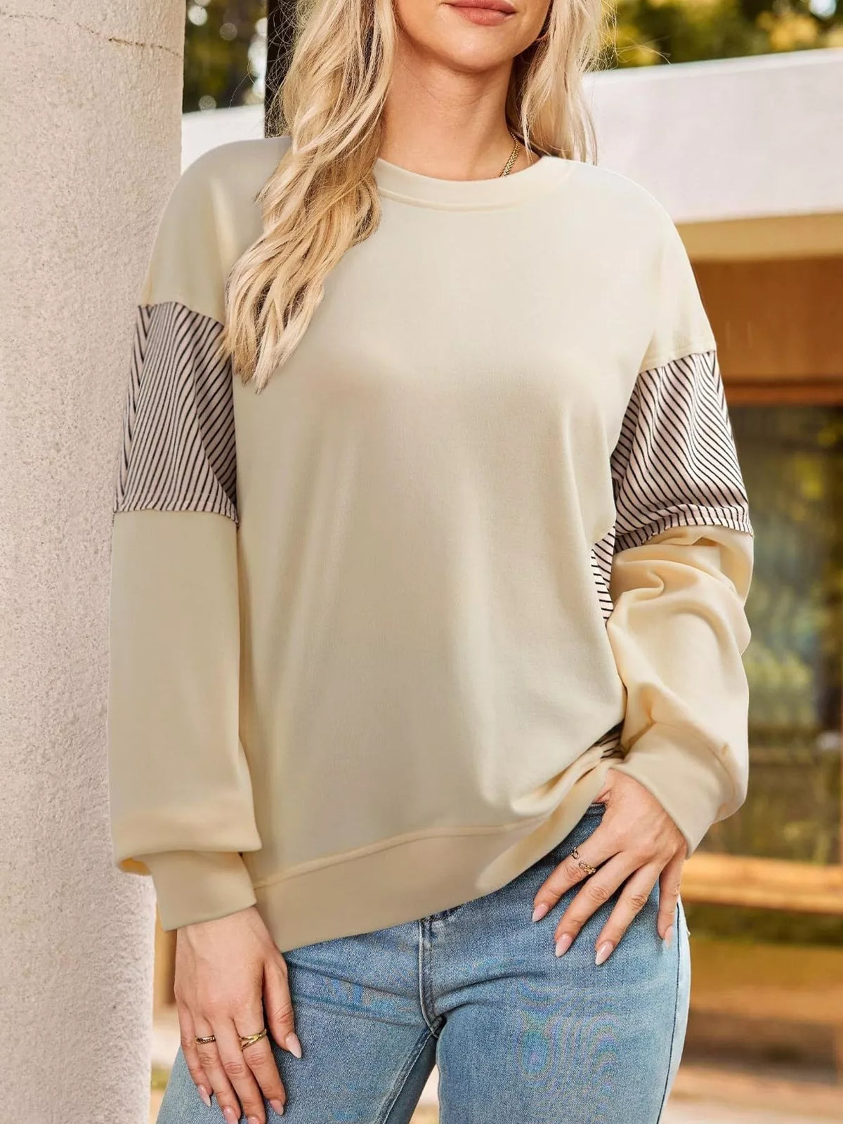 Striped Round Neck Long Sleeve Sweatshirt - Lilixa.store
