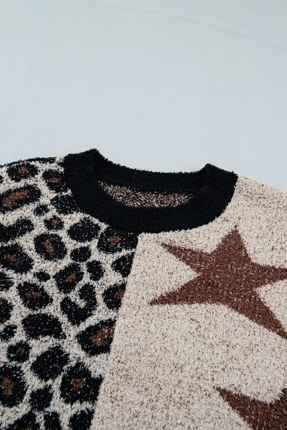 Leopard Star Pattern Round Neck Long Sleeve Shift Sweater - Lilixa.store