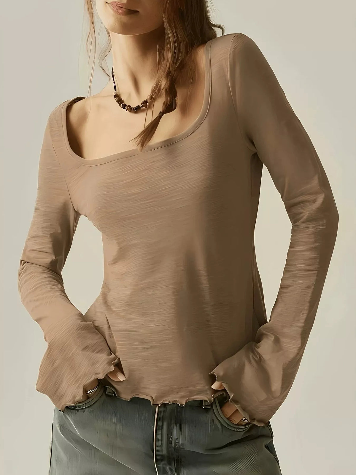 Long Sleeve Square Neck Slim-Fit T-Shirt - Lilixa.store