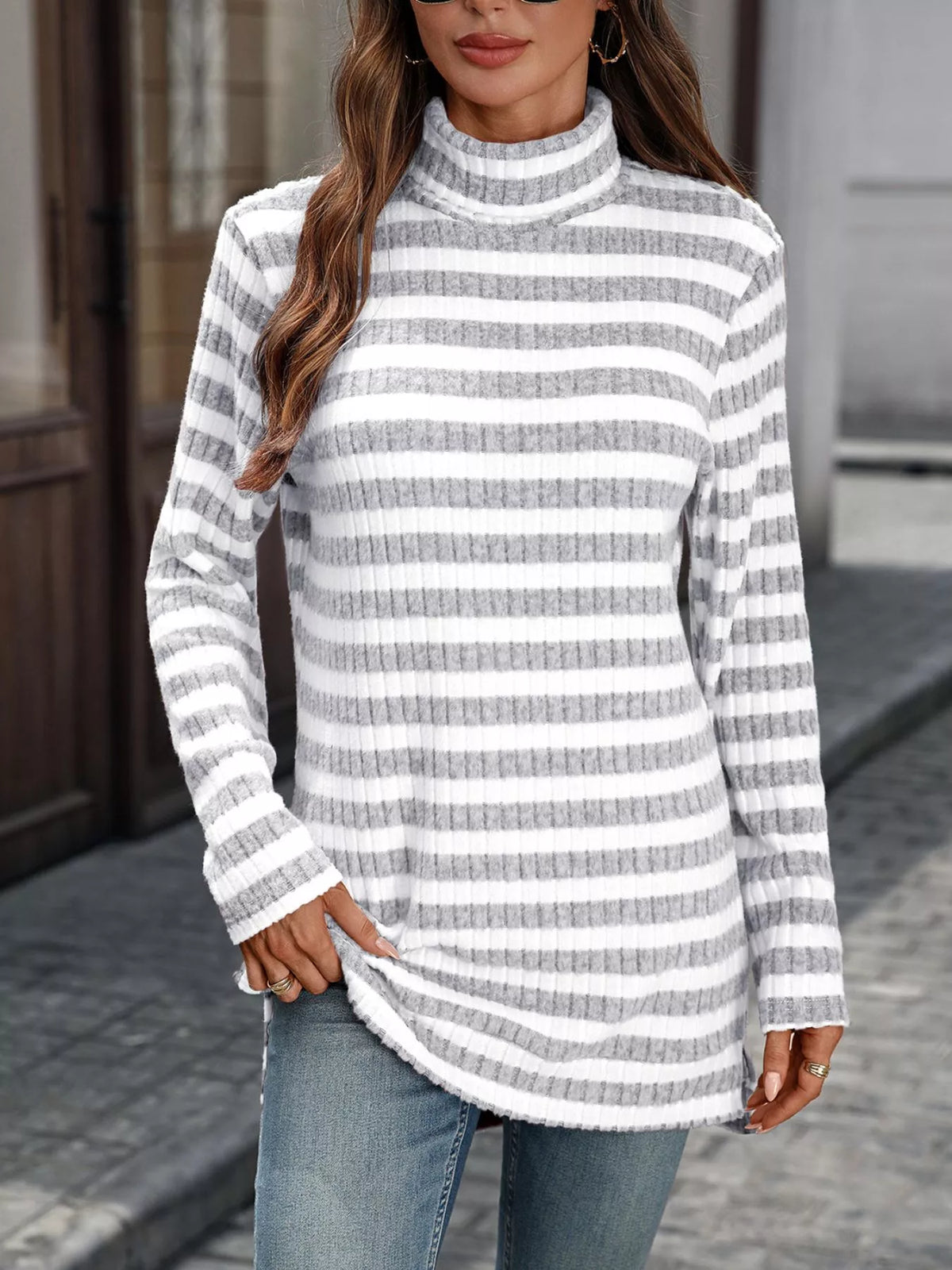 Striped Ribbed Knit Turtleneck Long Sleeve T-Shirt - Lilixa.store