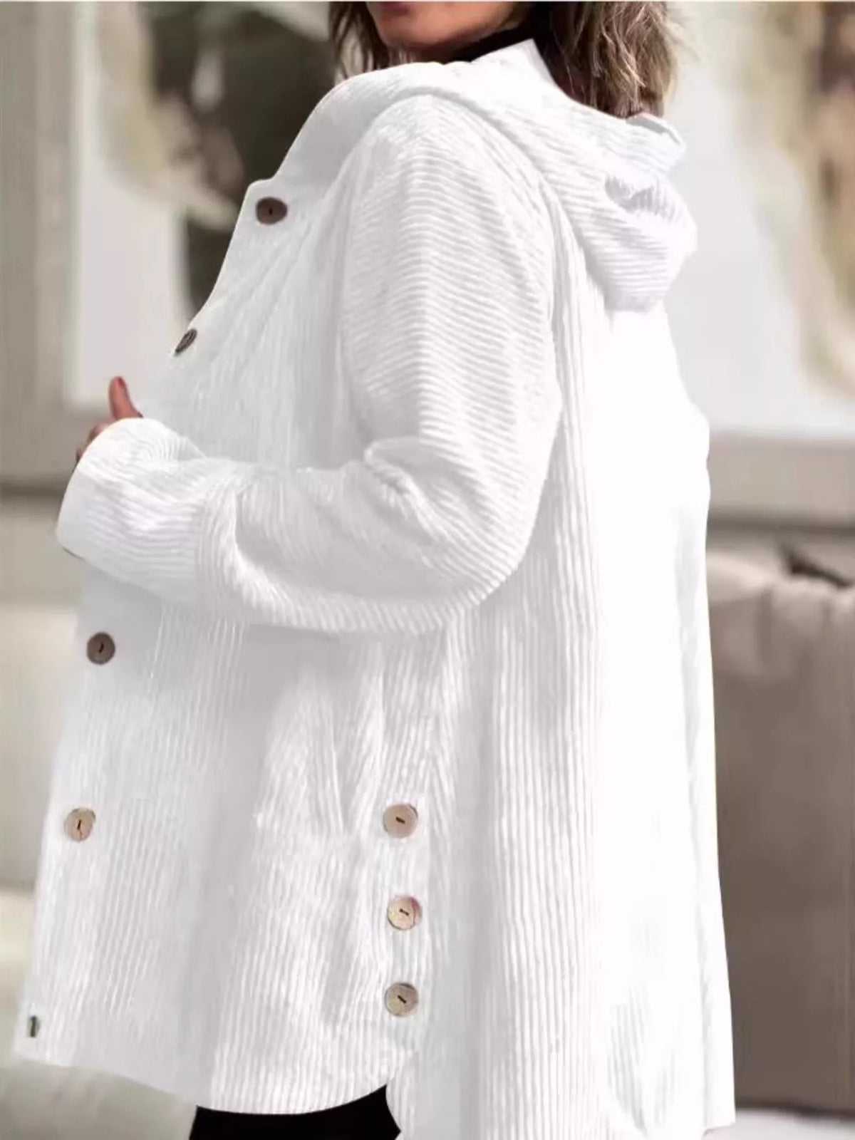 Full Size Corduroy Button Up Hooded Jacket Plus Size in Gray/white