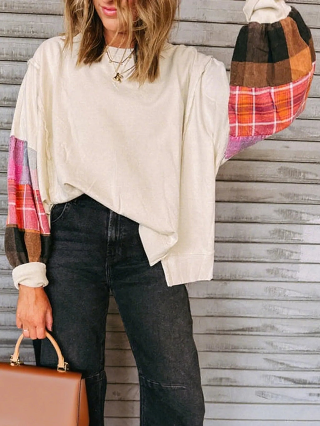 Plaid Sleeve Contrast Casual Sweatshirt - Lilixa.store