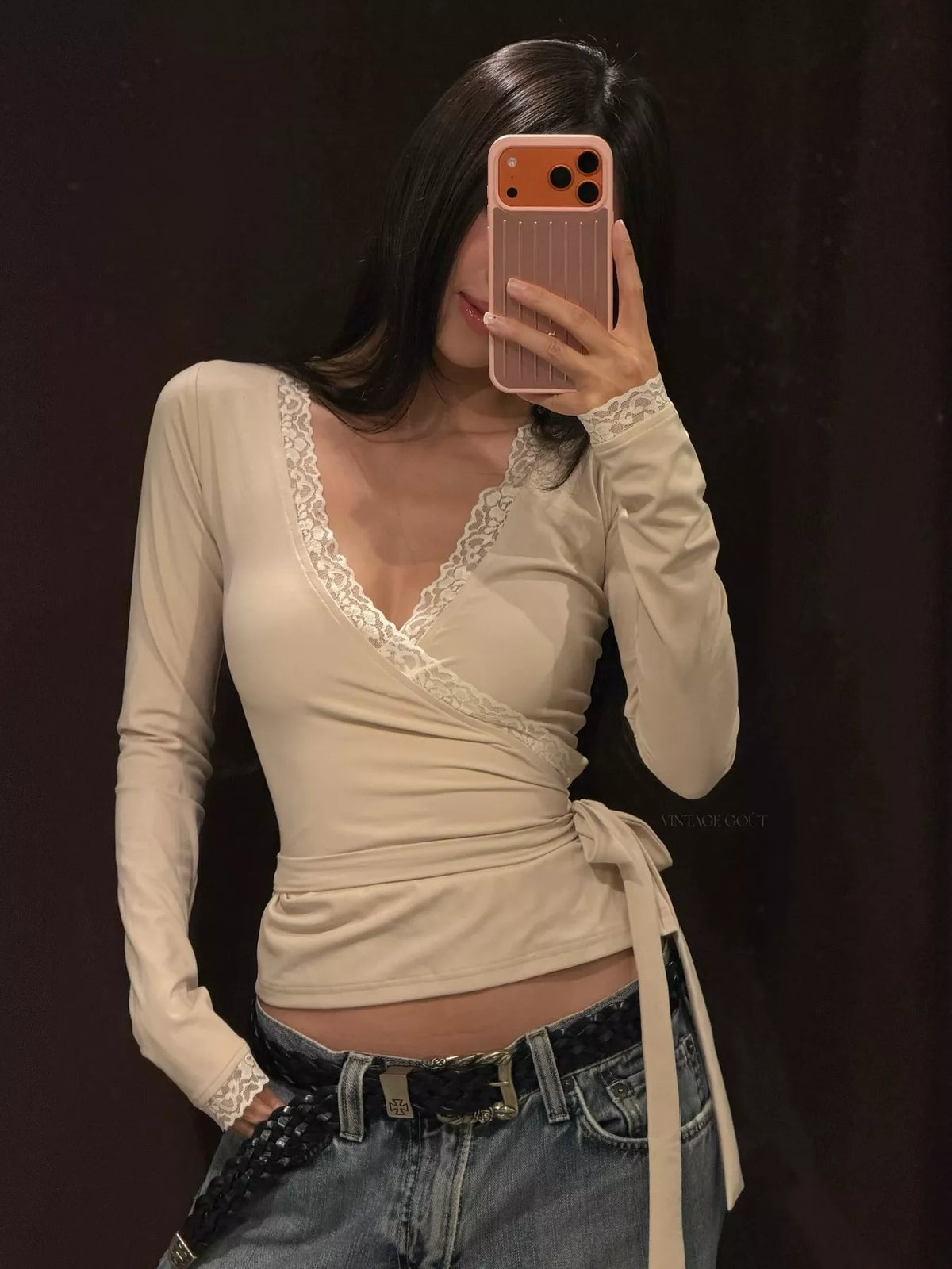 Lace-Trimmed Long Sleeves Wrap Blouse - Lilixa.store