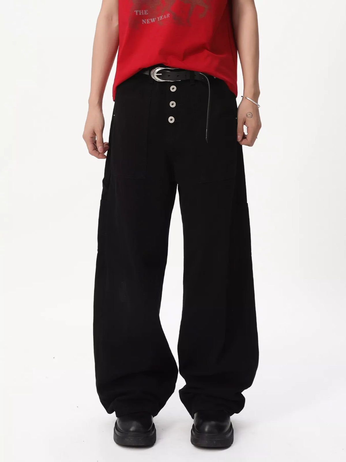 Men's Button Fly Wide Leg Cargo Pants in Black