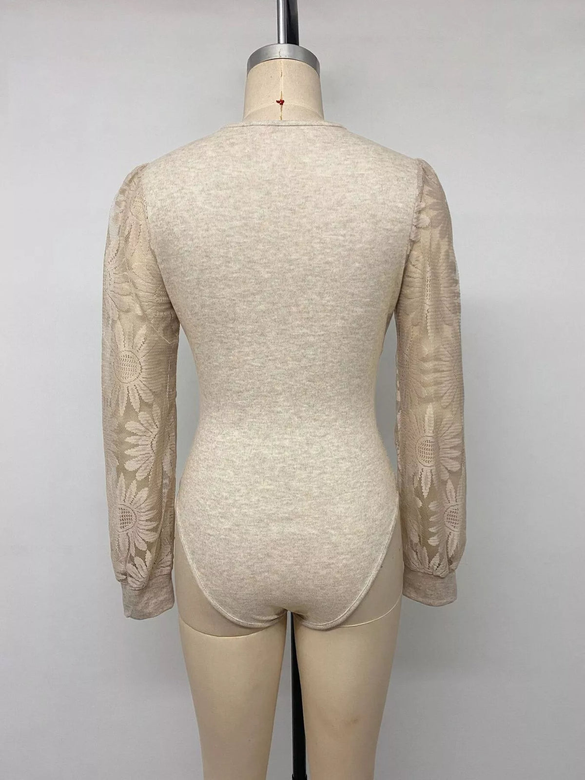 V-Neck Lace Trim Floral Mesh Sleeve Bodysuit - Lilixa.store