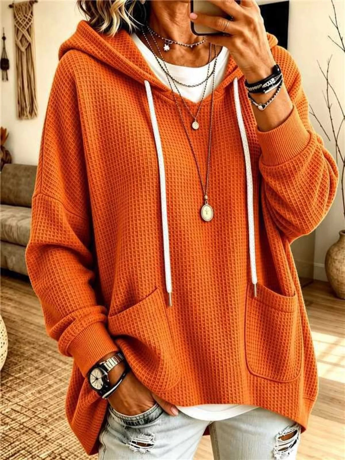 Full Size Waffle Knit Hoodie with Pockets Plus Size - Lilixa.store