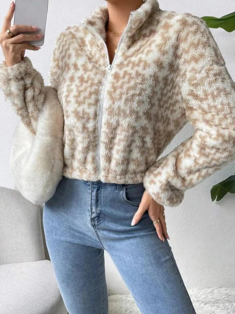 Zip Up Long Sleeve Fuzzy Outerwear - Lilixa.store