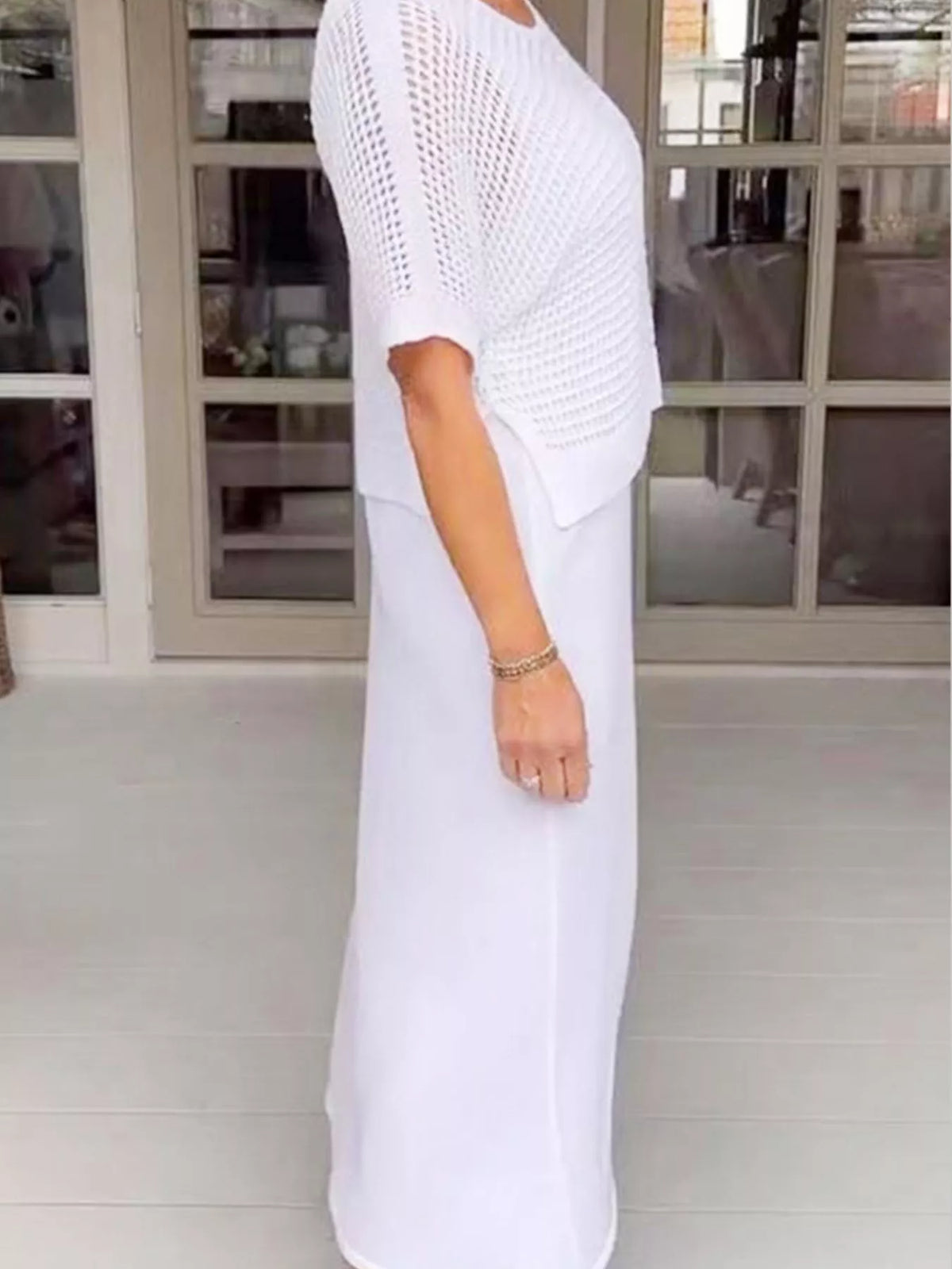 Full Size Openwork Knit Cover Up and Dress Set Plus Size, view 3