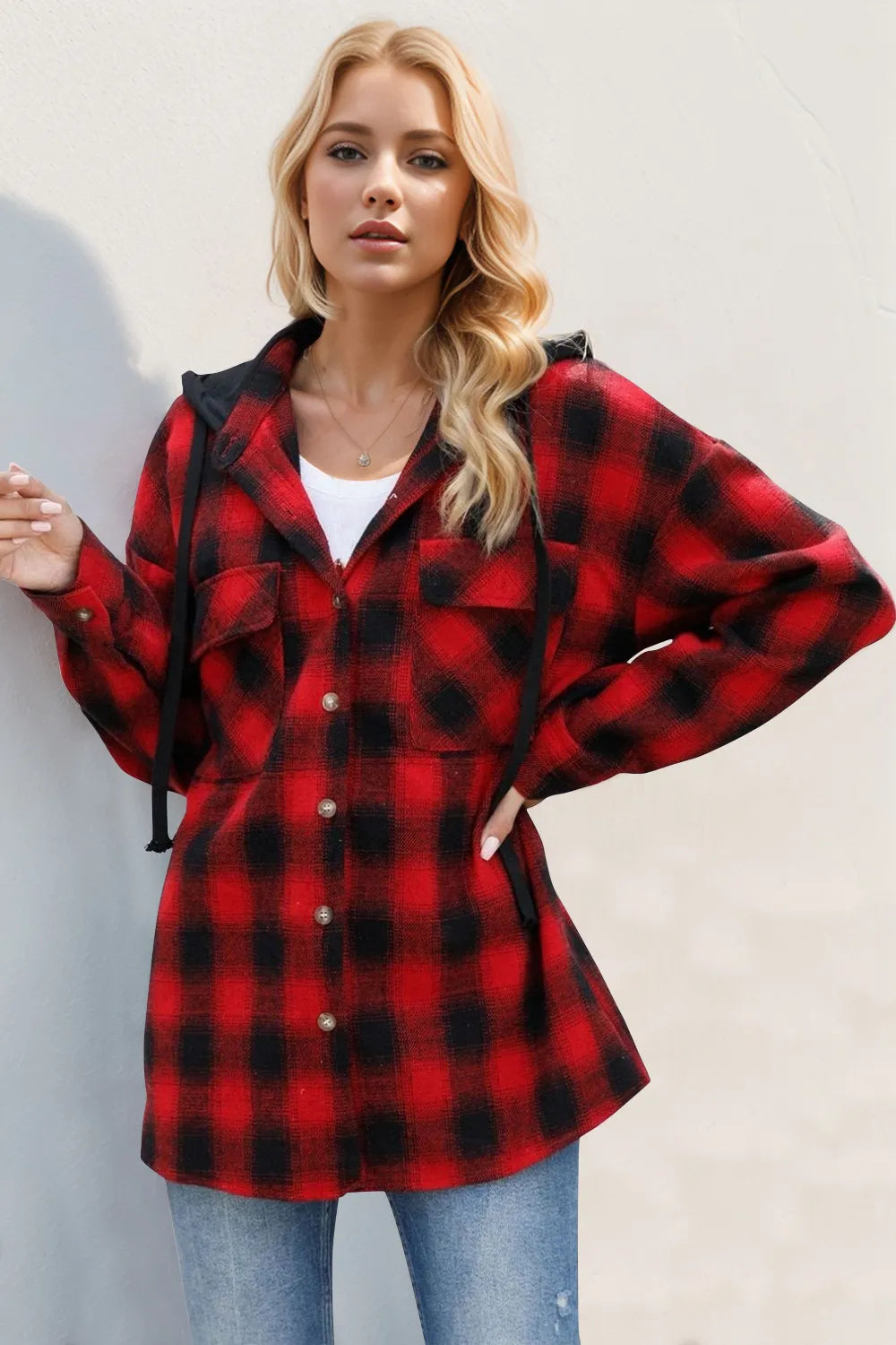 Double Take Drawstring Plaid Long Sleeve Hooded Shacket - Lilixa.store