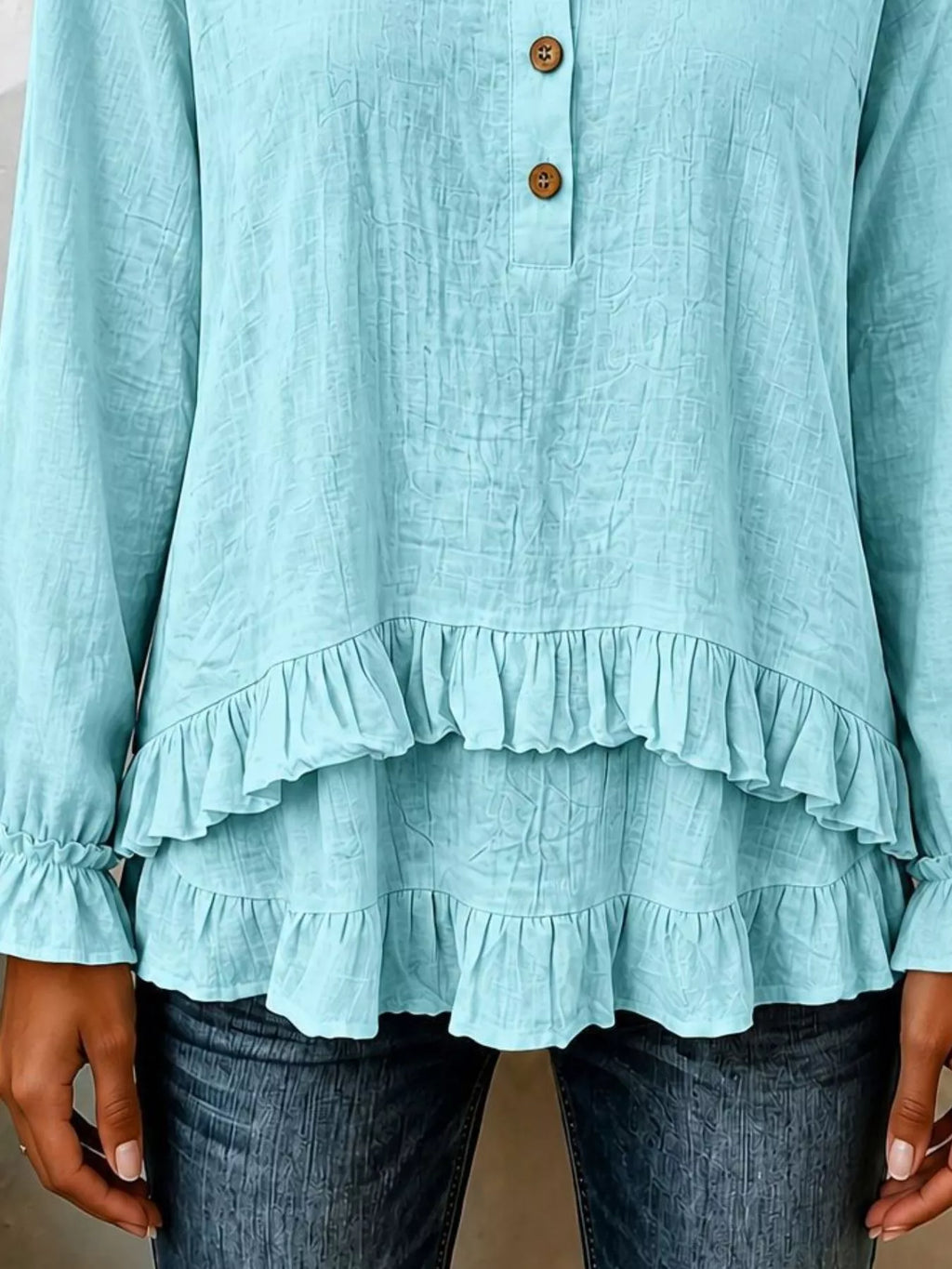 V-Neck Long Sleeve Button Detail Ruffled Hem Blouse - Lilixa.store