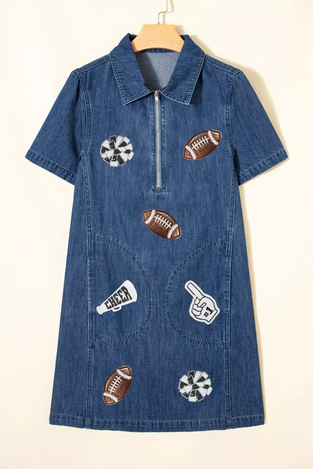 Sequin Football Cheer Patches Game Day Denim Mini Dress - Lilixa.store