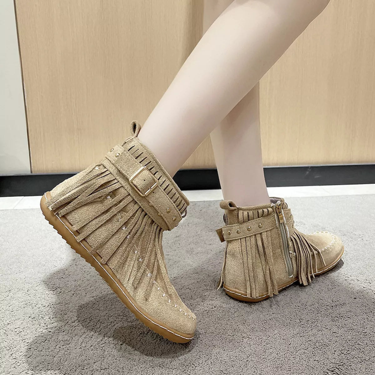 Fringe Round Toe Flats Boots - Lilixa.store