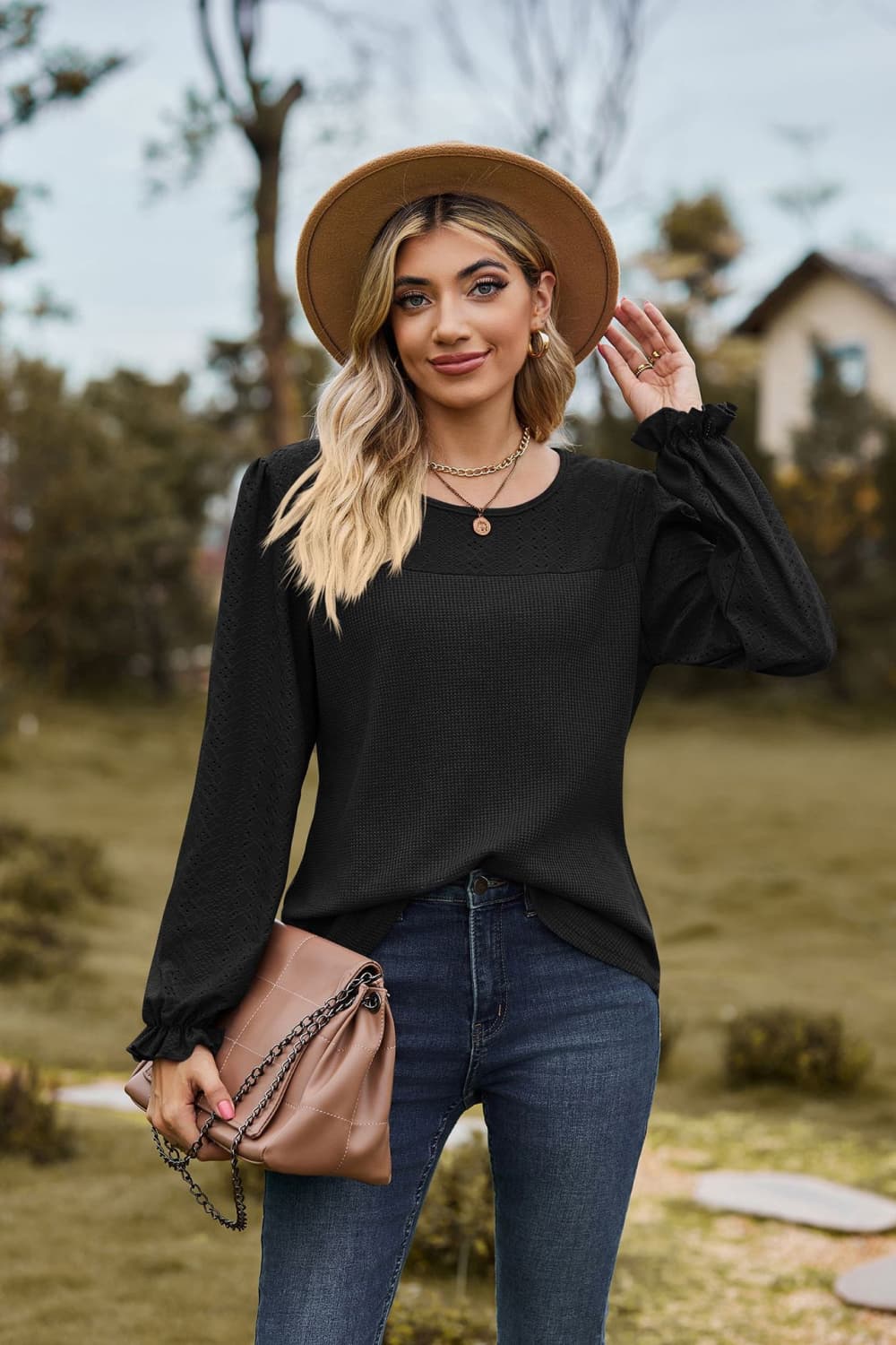 Round Neck Puff Sleeve Blouse in Black