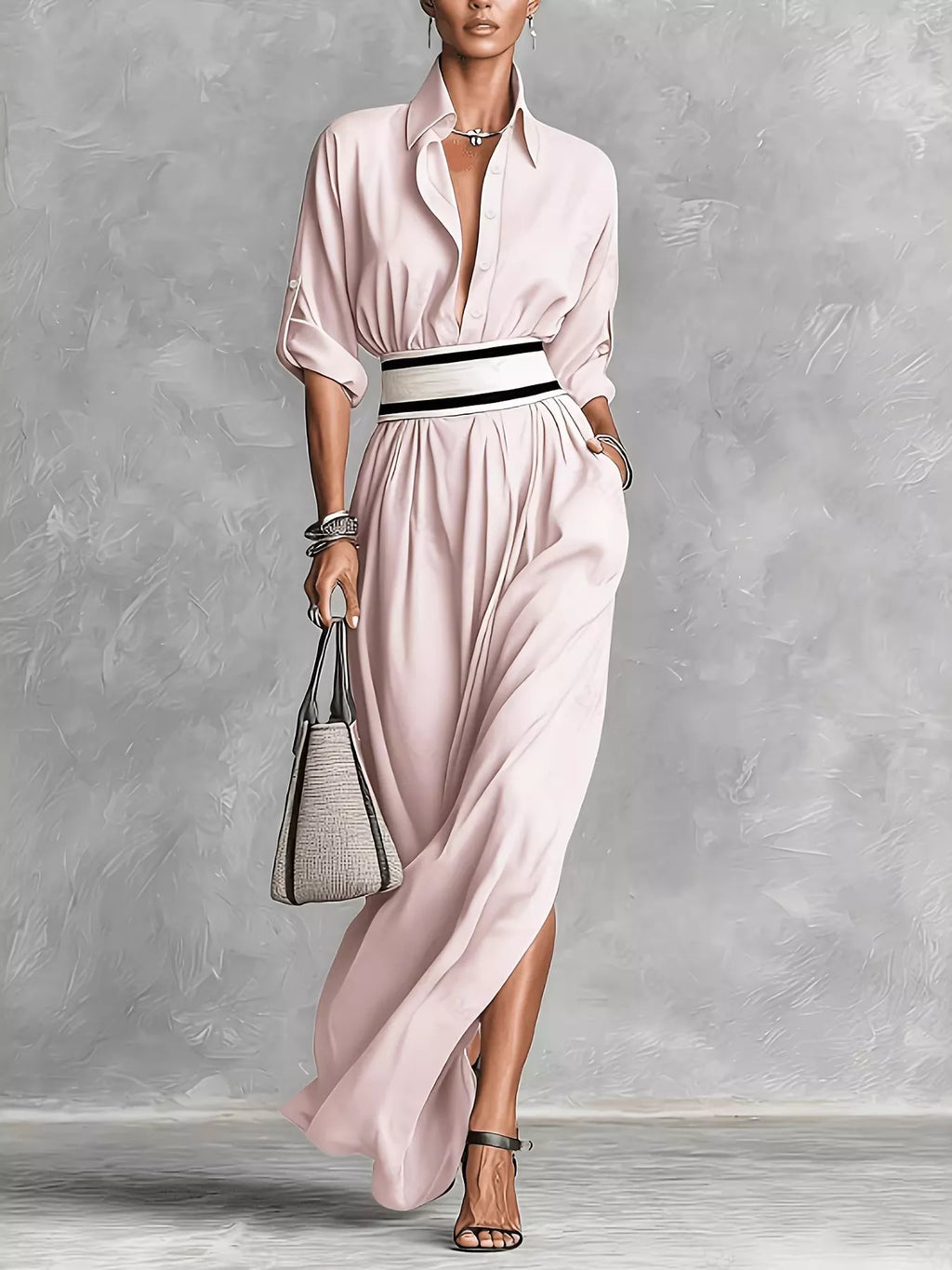 Slit Roll-Up Sleeve Maxi Dress - Lilixa.store