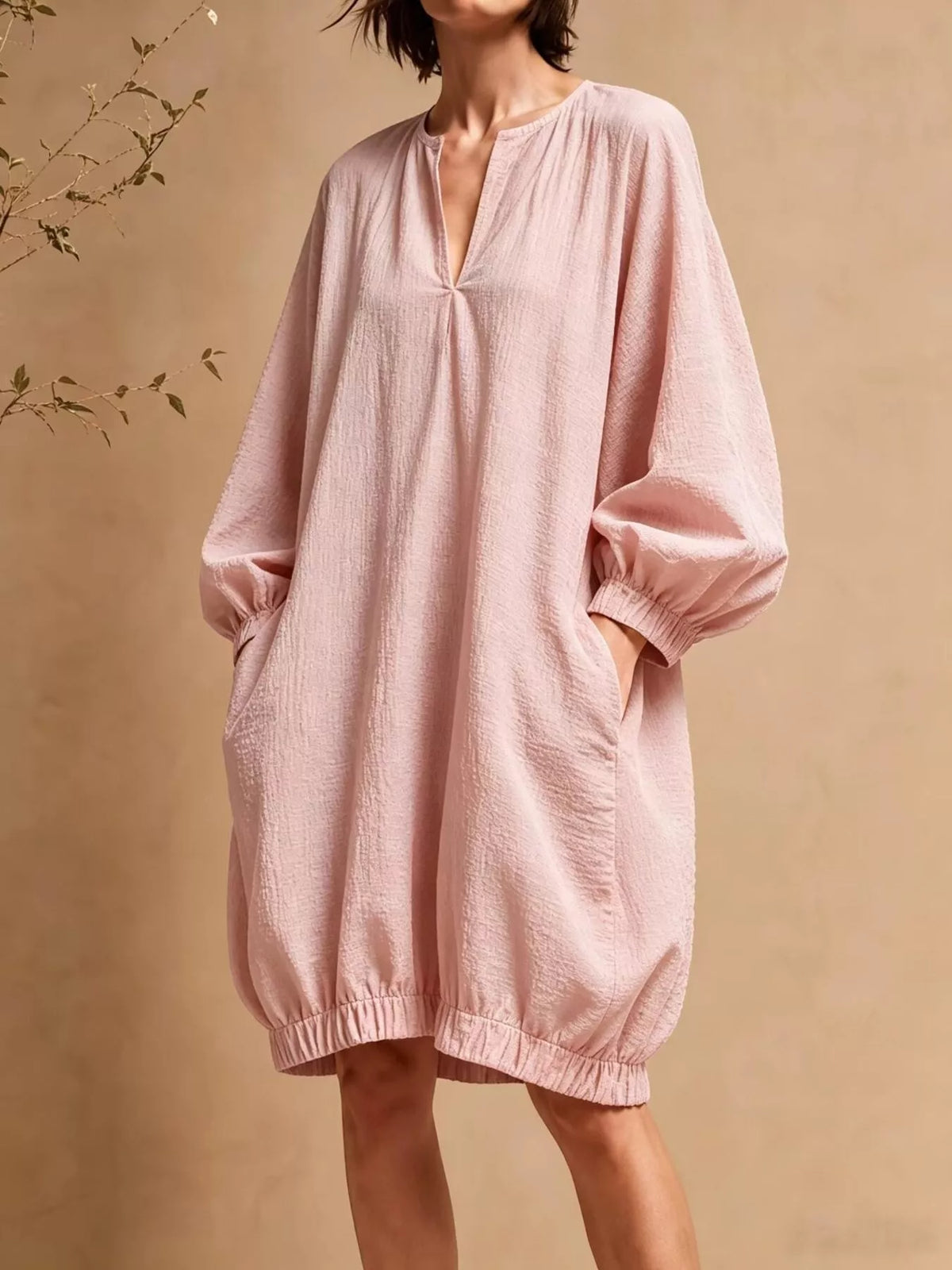 Casual Loose-Fit Balloon Sleeve Mini Dress with Pockets in Dusty Pink