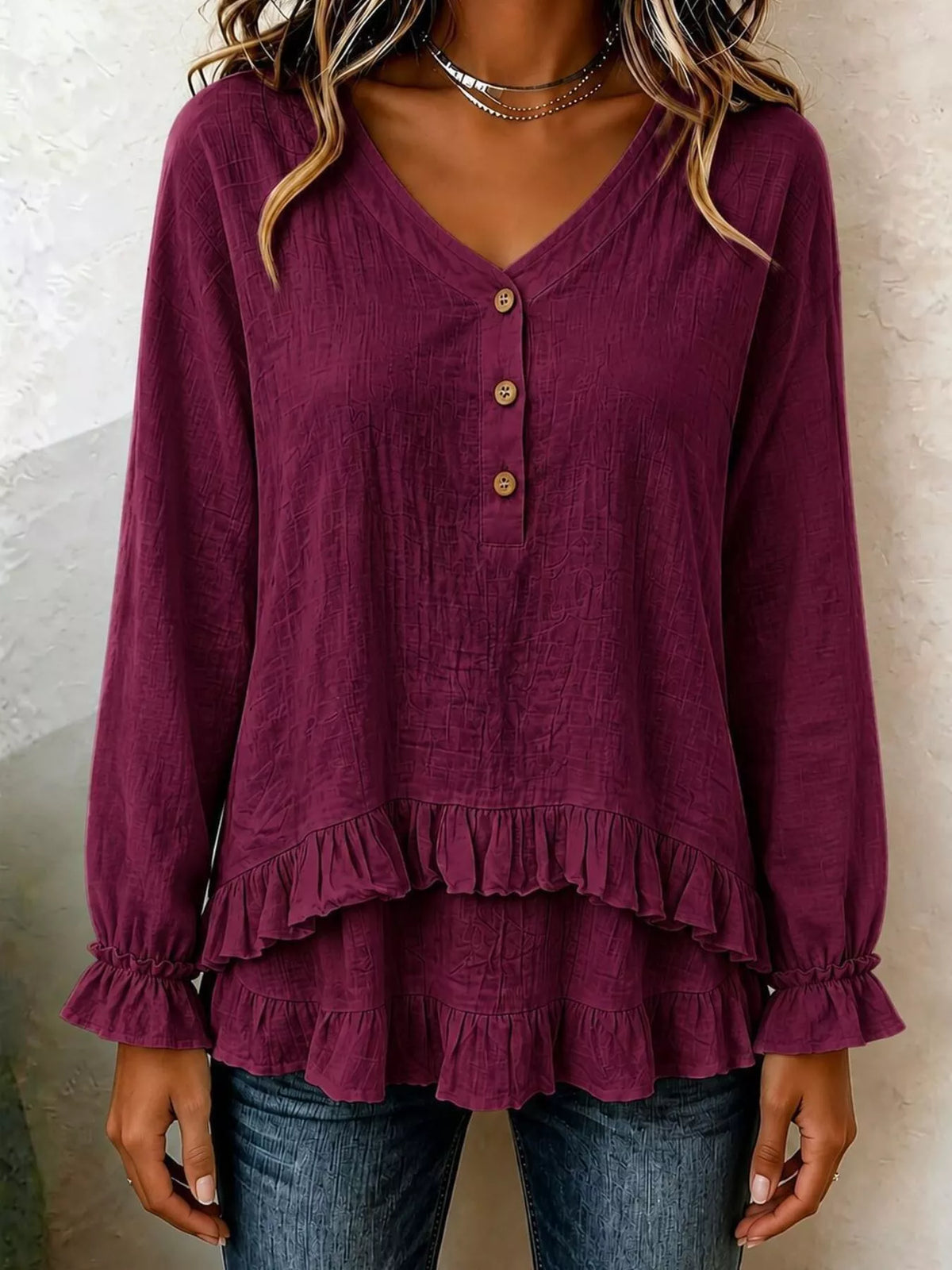 V-Neck Long Sleeve Button Detail Ruffled Hem Blouse in Burgundy