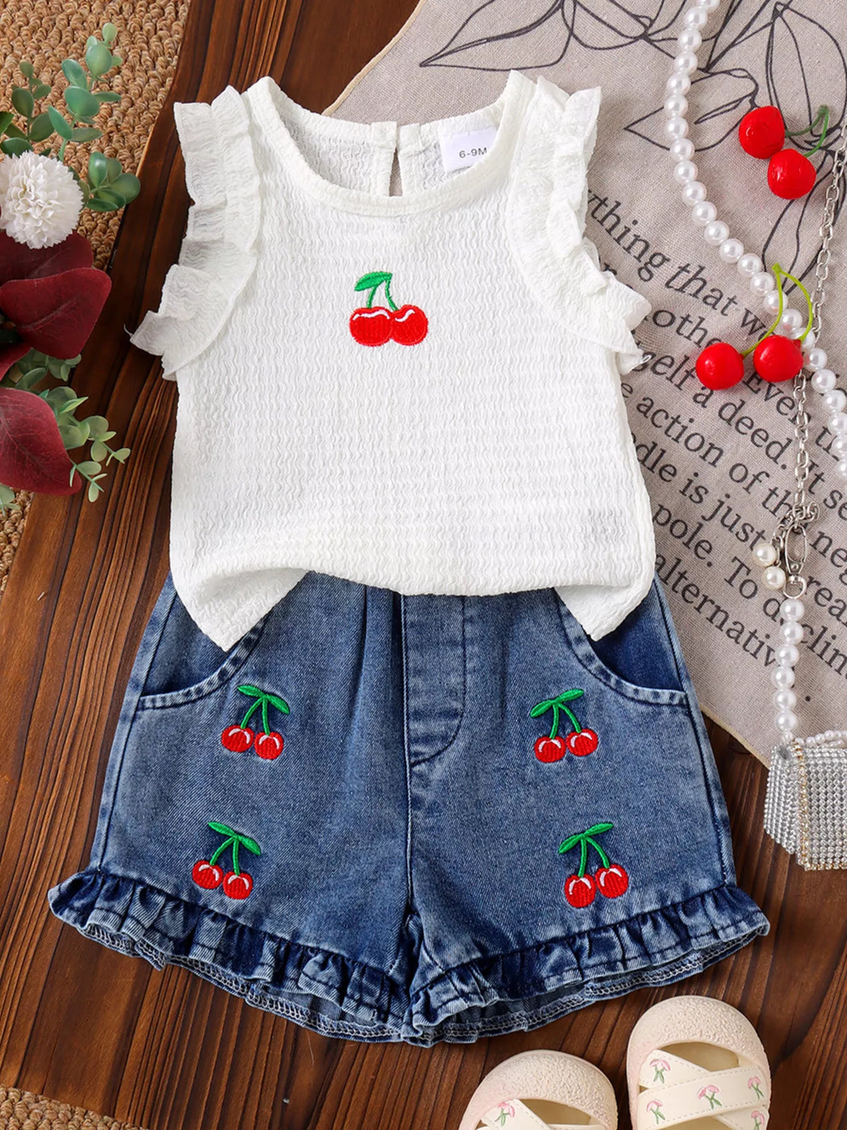 Children's Cherry Embroidered Top and Denim Shorts Set - Lilixa.store