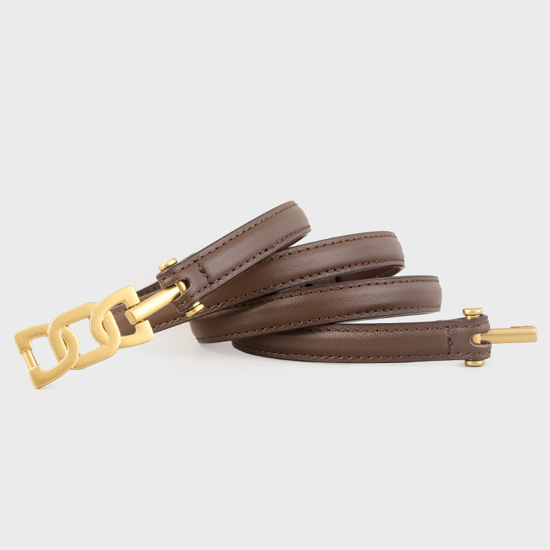 Gold Buckle Skinny Leather Belt in Brown
