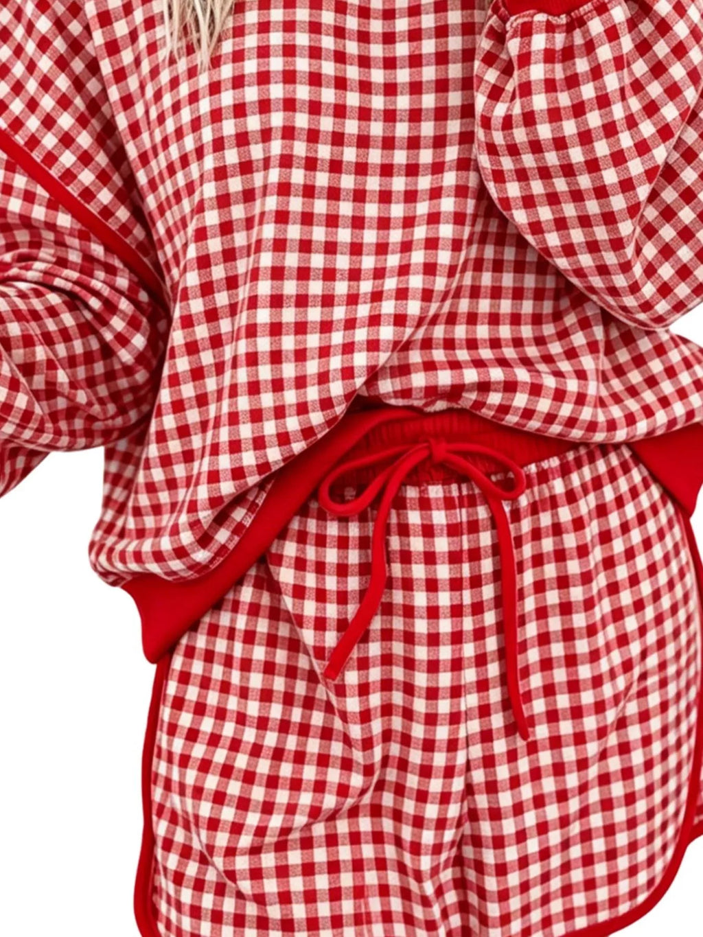 Gingham Plaid Long Sleeve Sweatshirt and Shorts Set - Lilixa.store