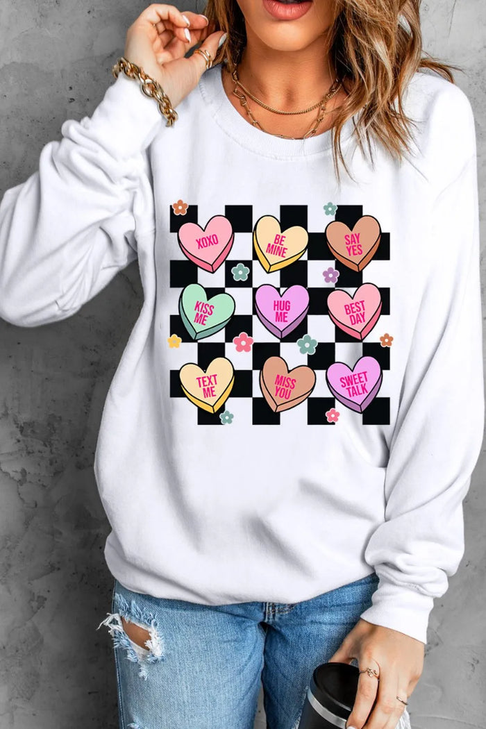 Valentine's Day Checkered Heart Long Sleeve Sweatshirt - Lilixa.store