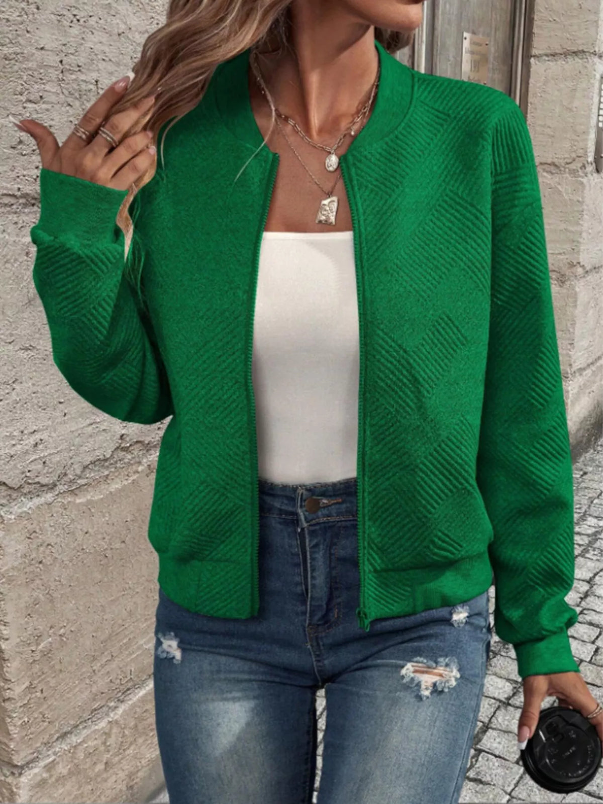 Textured Knit Zip-Up Bomber Jacket in Green