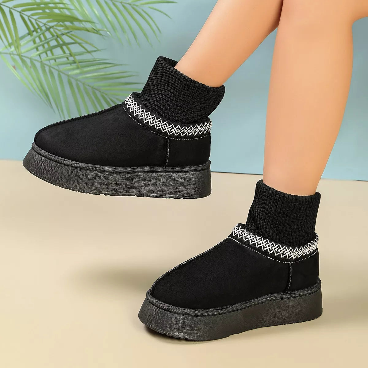 Cozy Knit-Cuff Platform Suede Boots with Decorative Trim in Black