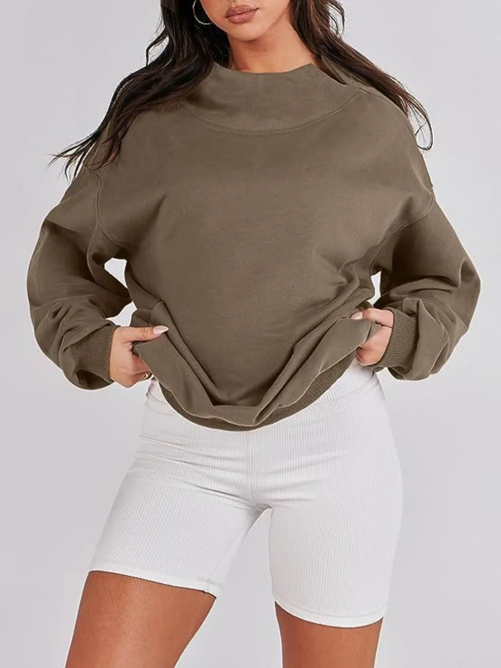 Mock Neck Drop Shoulder Long Sleeve Sweatshirt - Lilixa.store