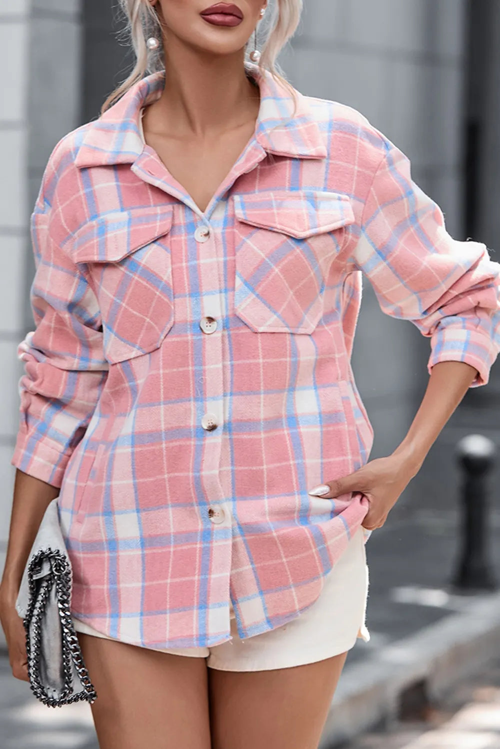 Plaid Pocketed Collared Neck Button Up Jacket in Blush Pink, view 5