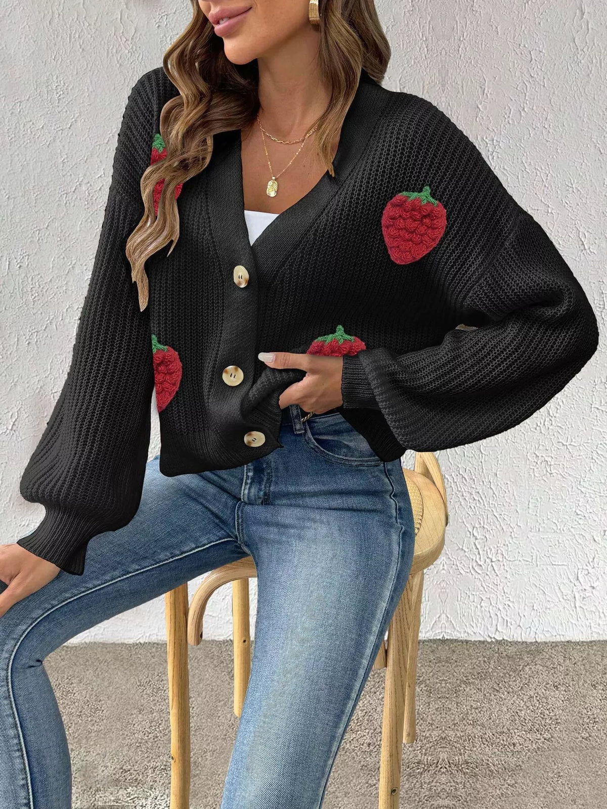 Strawberry Applique Button Up Cardigan - Lilixa.store