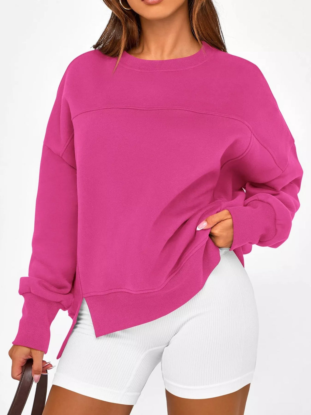 Slit Round Neck Dropped Shoulder Sweatshirt - Lilixa.store