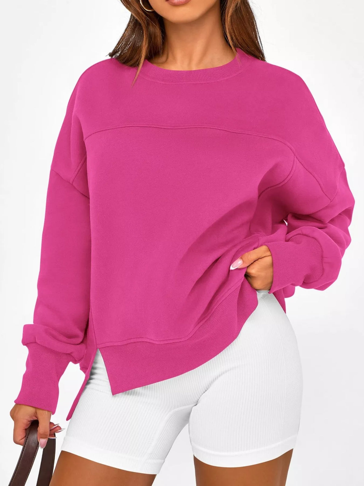 Slit Round Neck Dropped Shoulder Sweatshirt - Lilixa.store