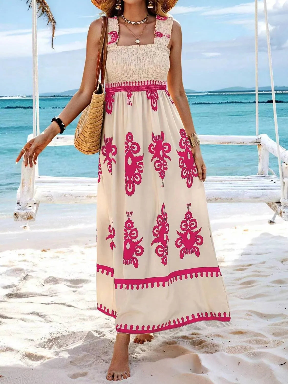 Smocked Printed Wide Strap Maxi Dress, view 18