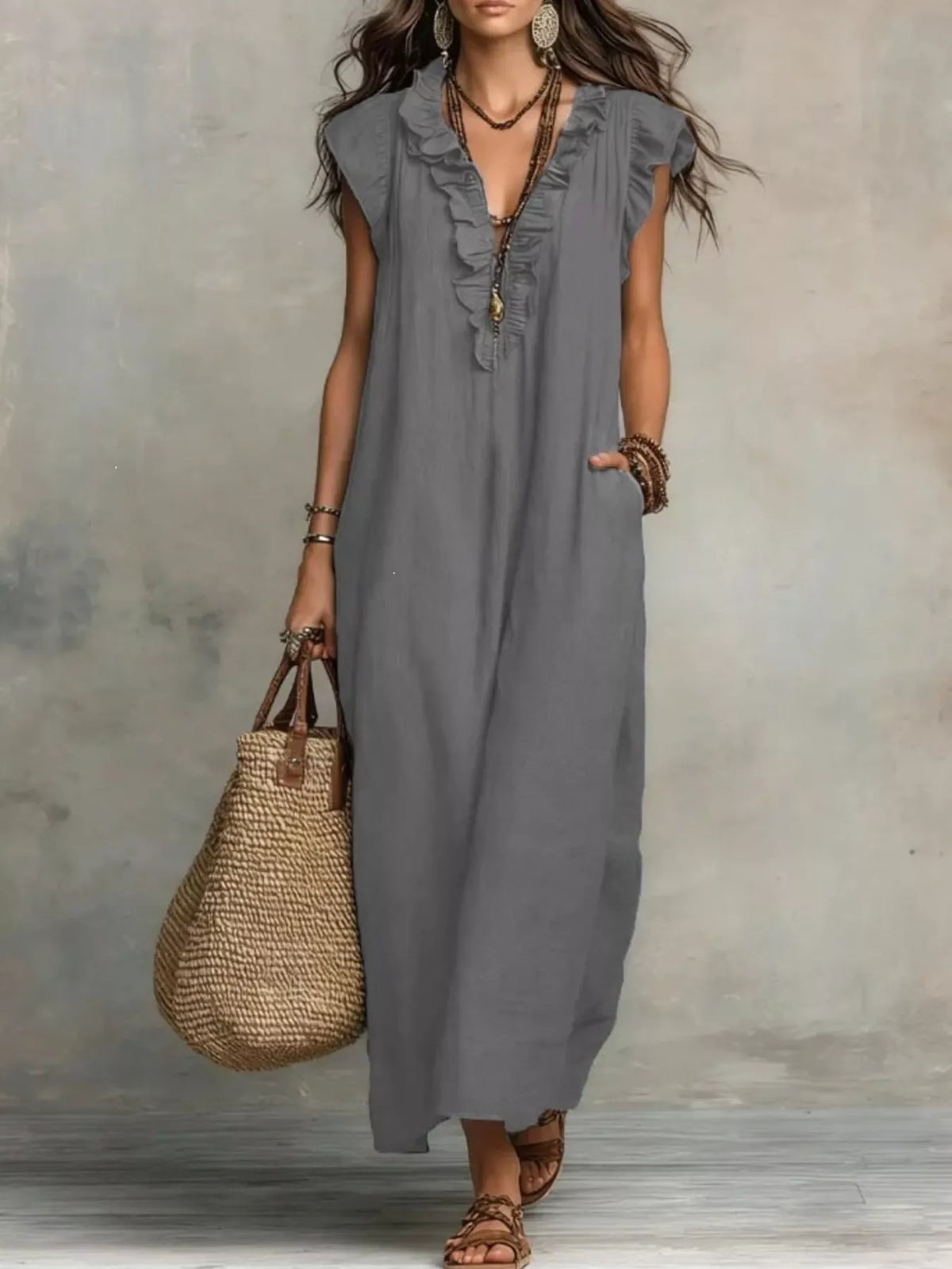 Full Size Ruffled V-Neck Cap Sleeve Maxi Dress Plus Size - Lilixa.store