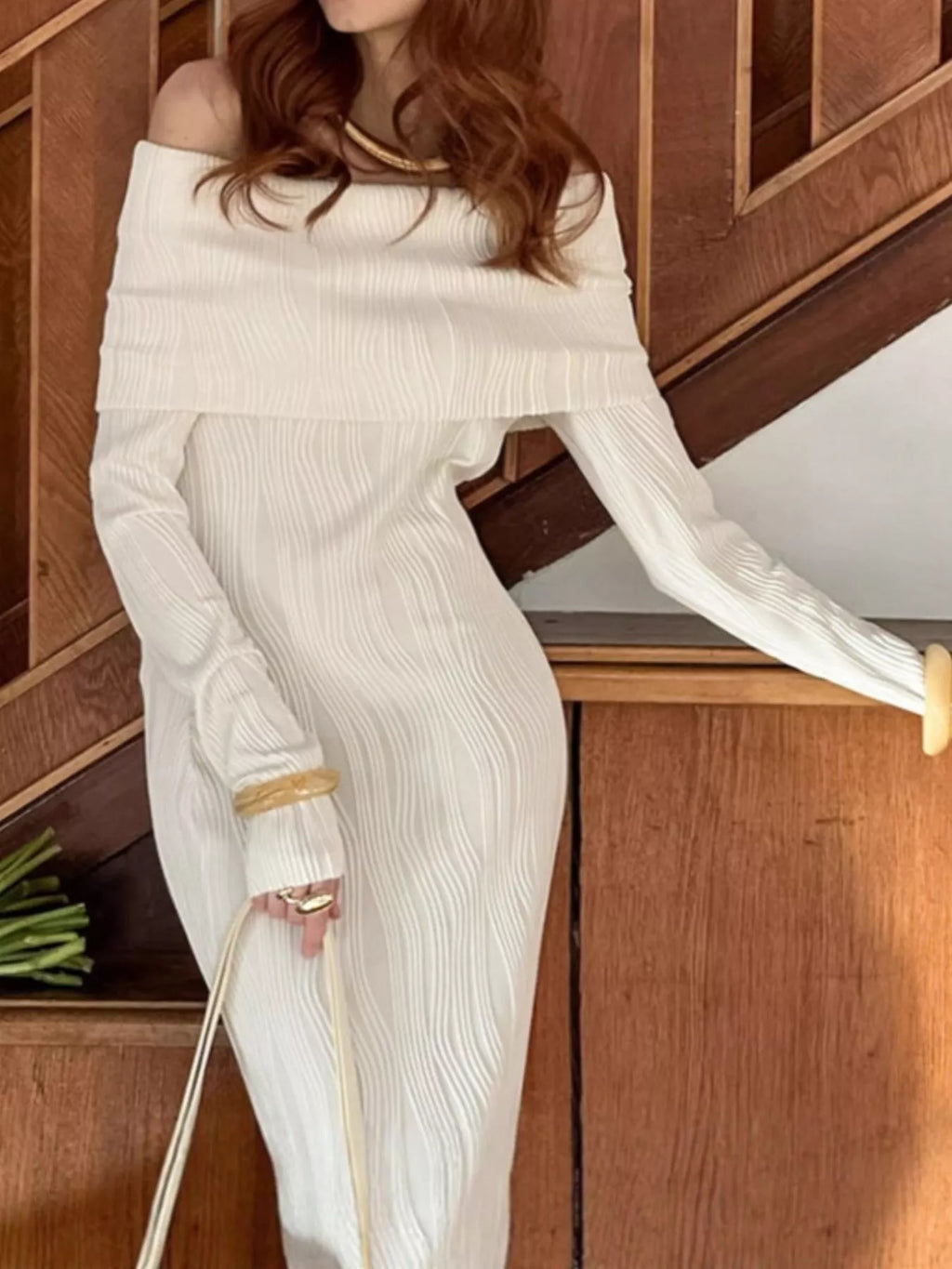 Off-Shoulder Textured Knit Maxi Dress - Lilixa.store