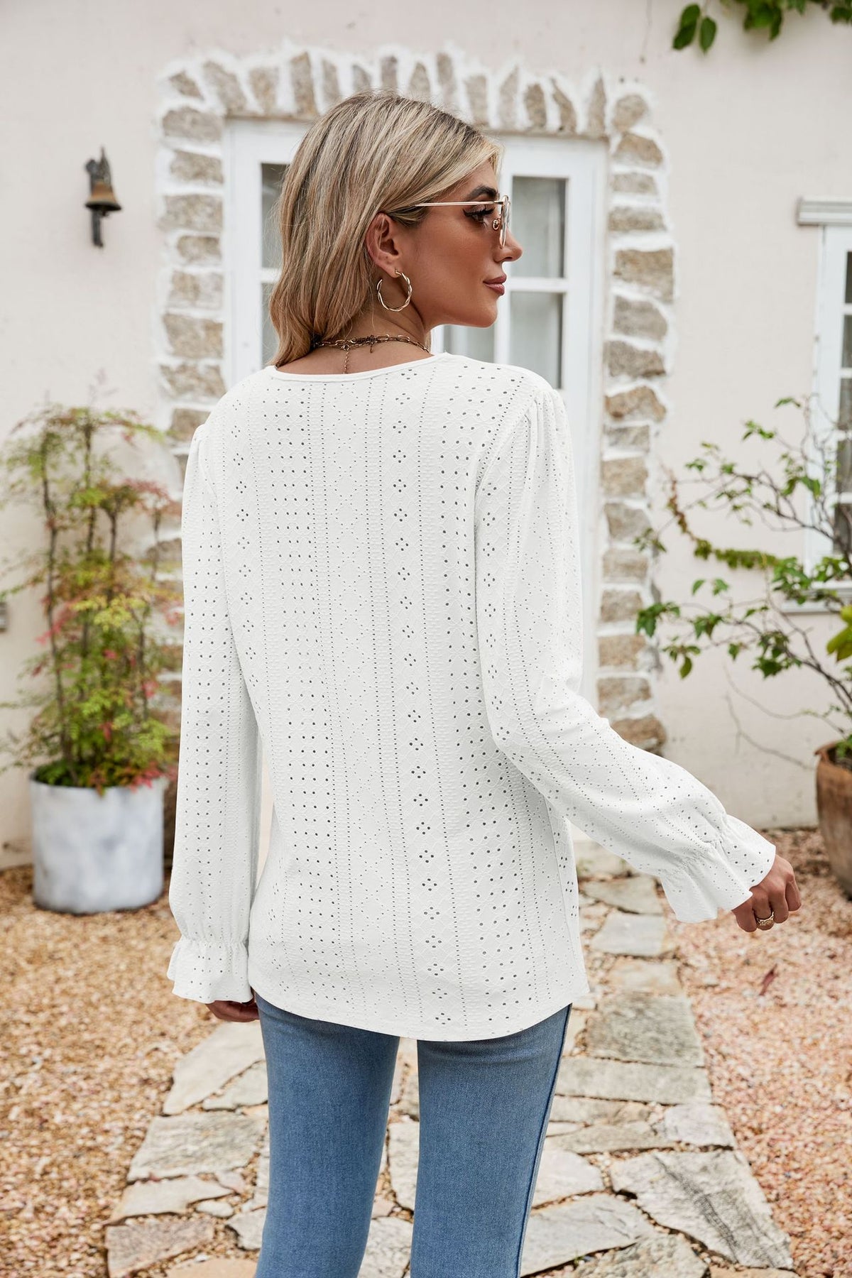 Eyelet Lace Trim Flounce Sleeve Blouse, view 14