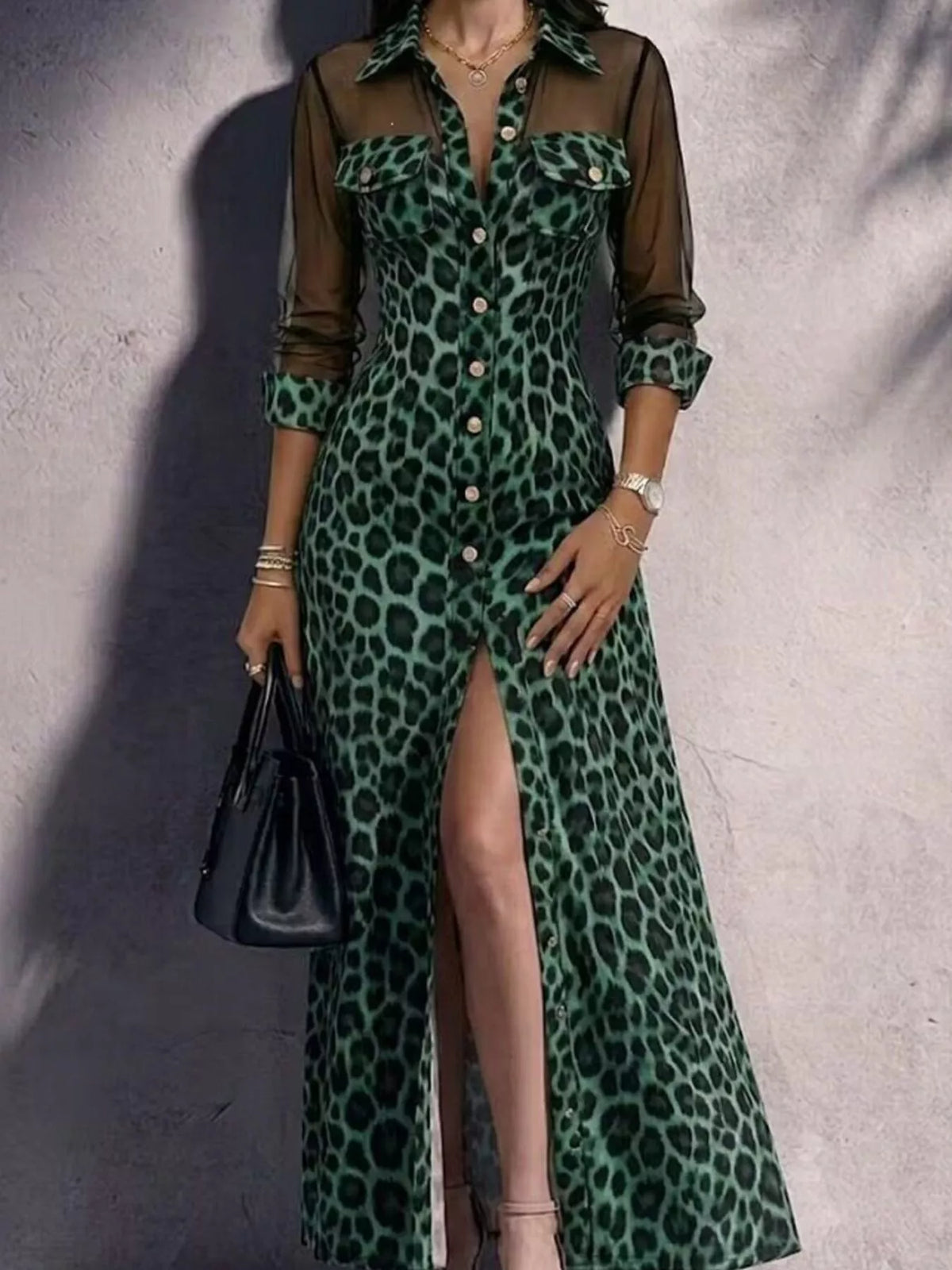 Full Size Leopard Sheer Mesh Long Sleeve Button-Down Maxi Dress Plus Size