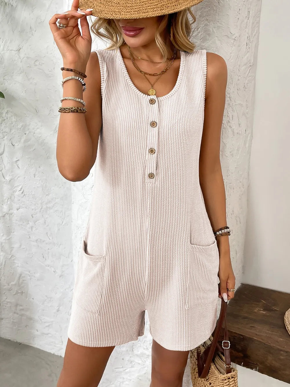 Pocketed Round Neck Sleeveless Romper - Lilixa.store