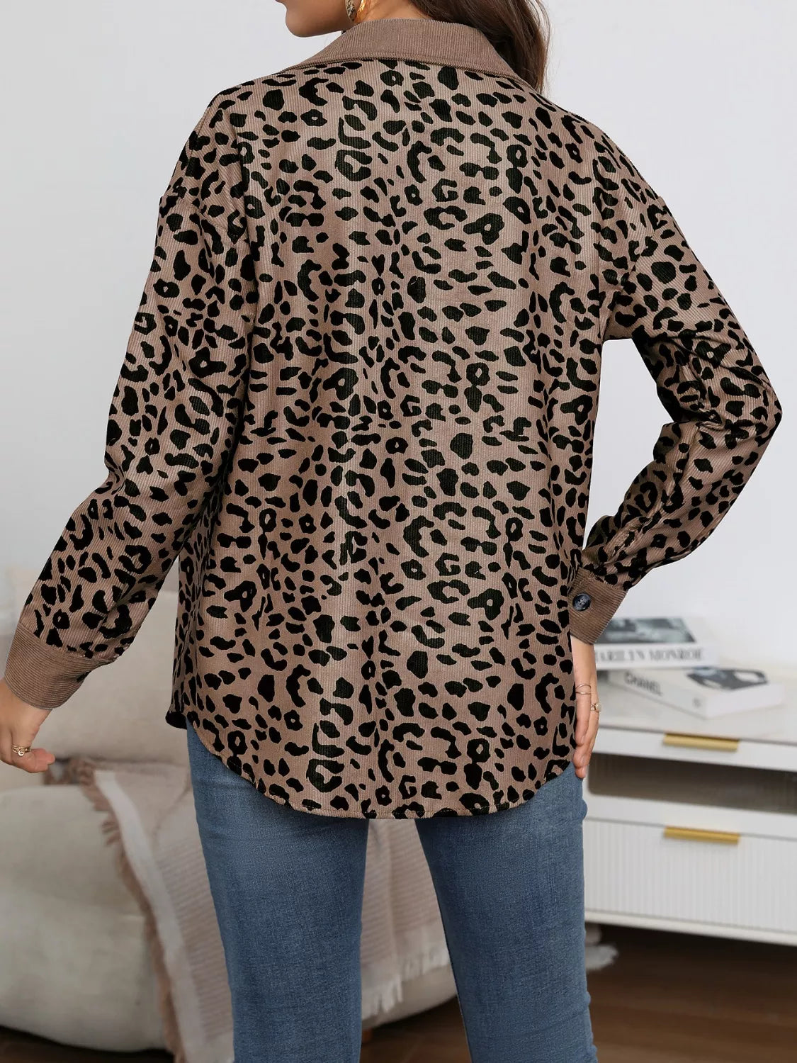 Full Size Leopard Print Button-Down Jacket Plus Size, view 4