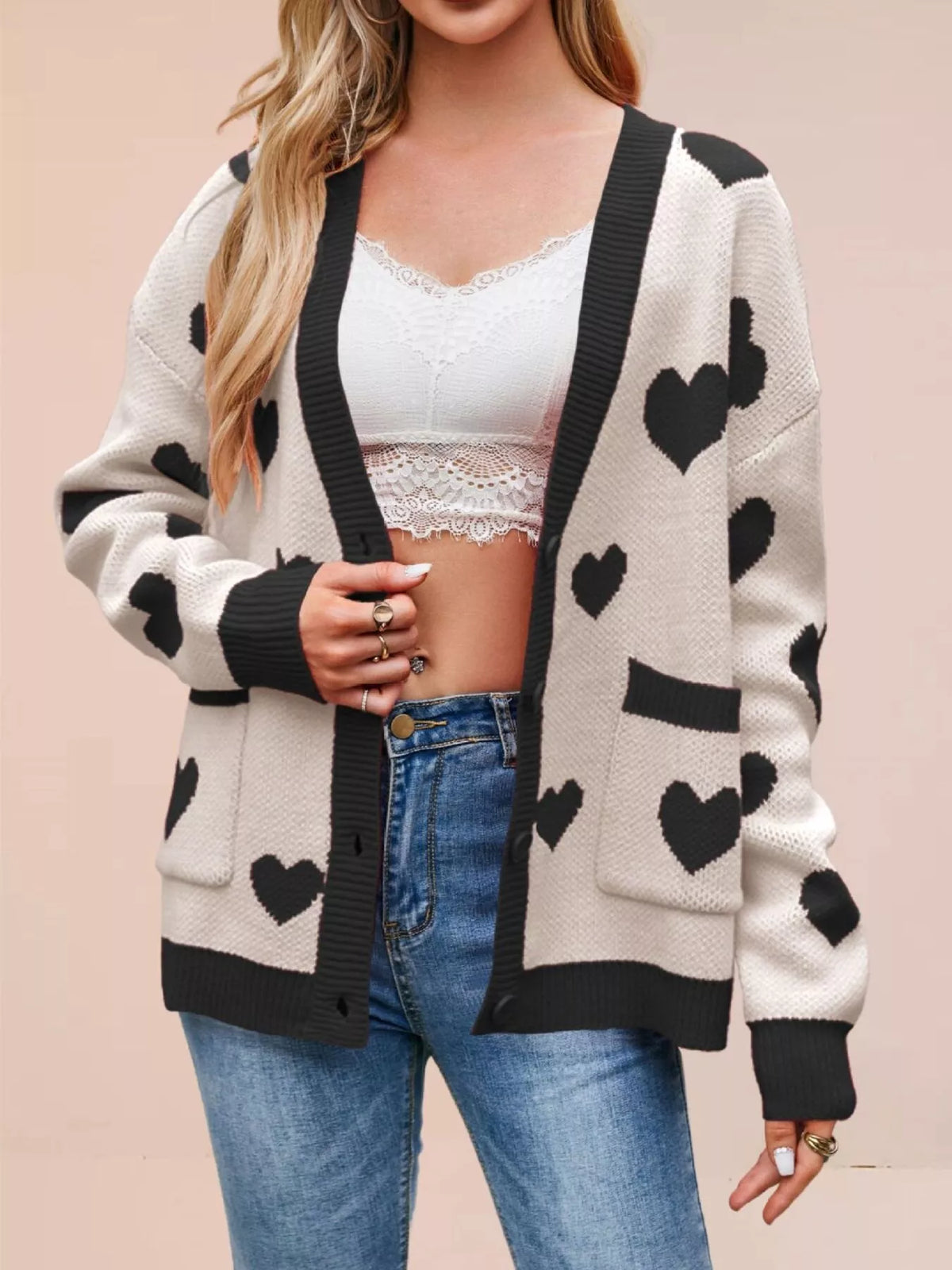 Heart Pattern V-Neck Button-Down Knit Cardigan - Lilixa.store