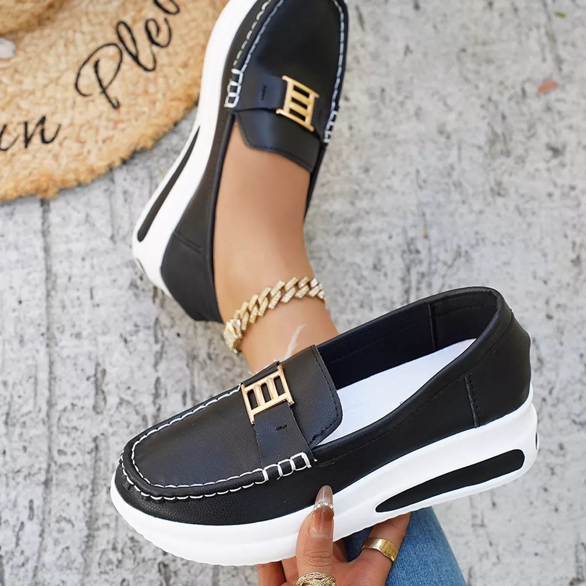 Metal Buckle Round Toe Slip-Ons, view 4